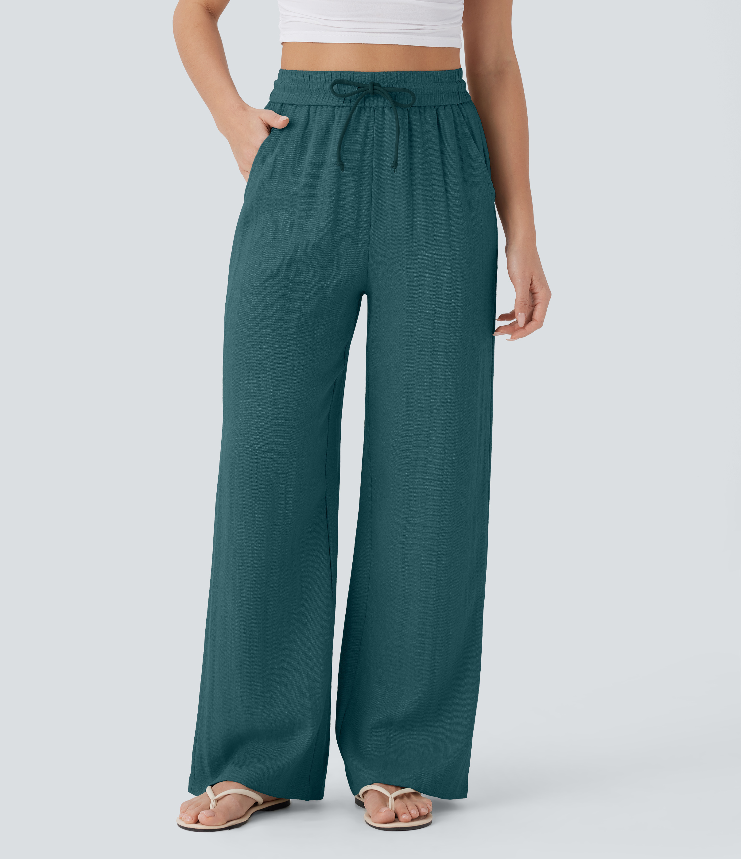 High Waisted Drawstring Pocket Wide Leg Baggy Casual Linen-Feel Pants