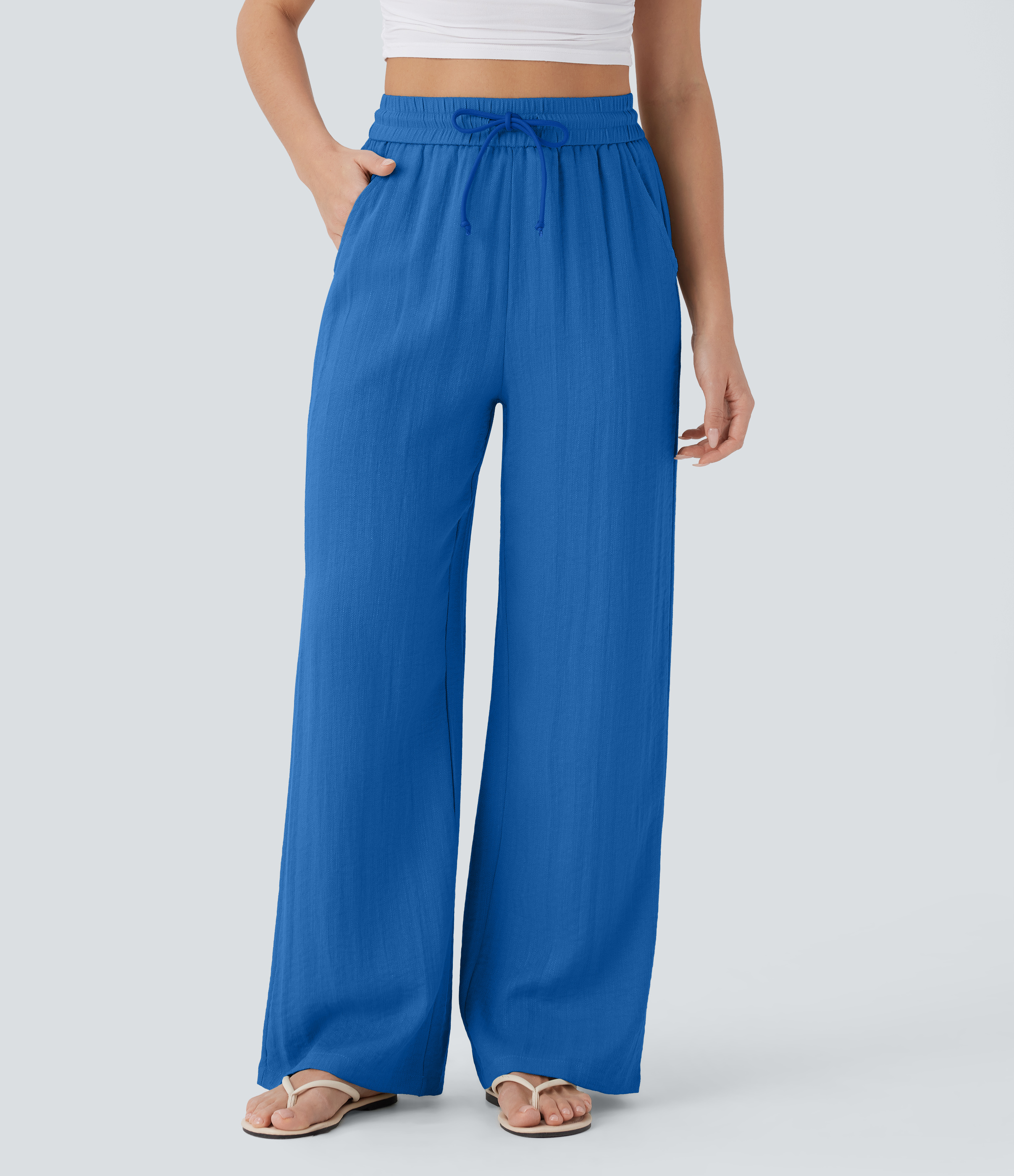 High Waisted Drawstring Pocket Wide Leg Baggy Casual Linen-Feel Pants