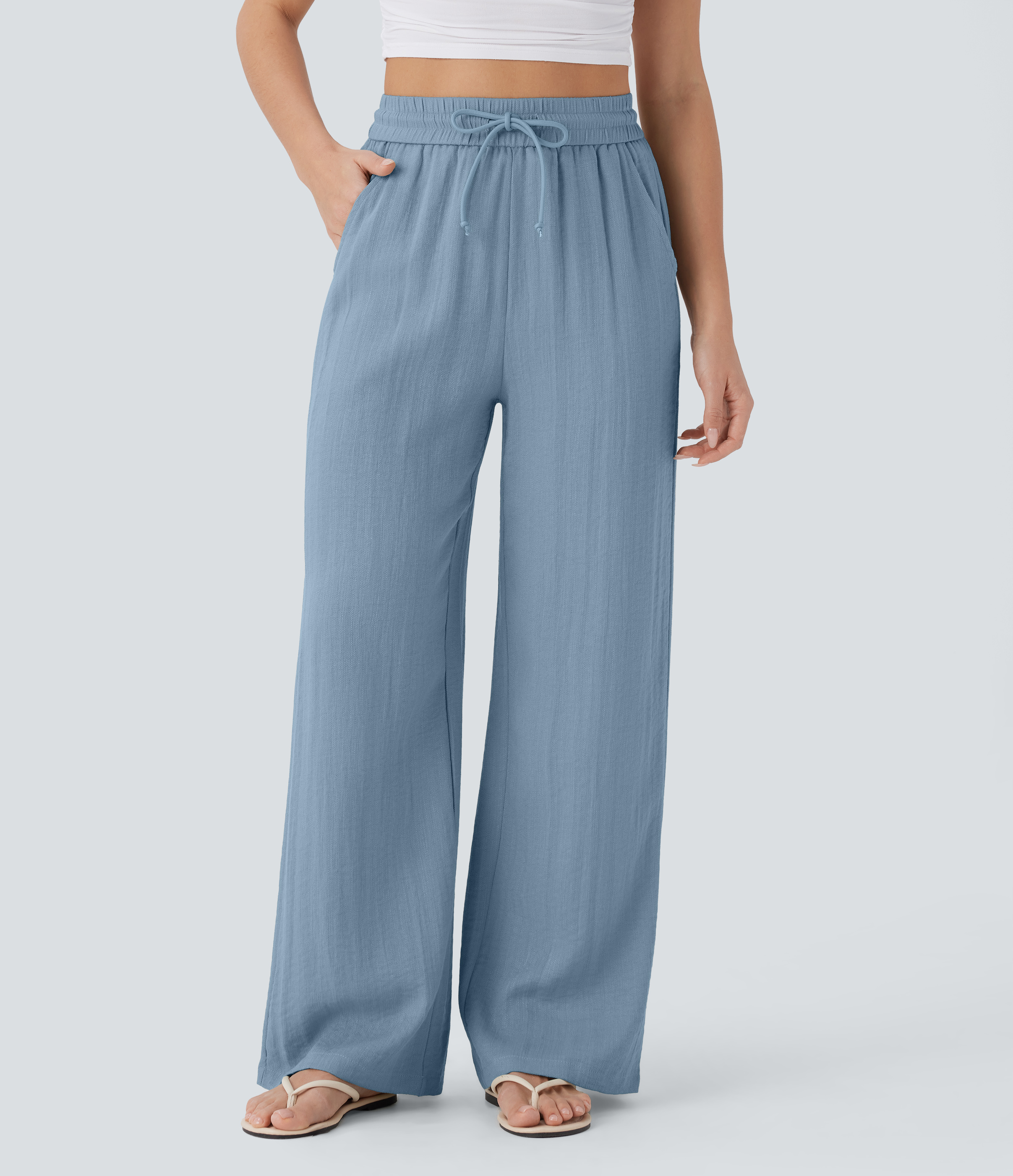 High Waisted Drawstring Pocket Wide Leg Baggy Casual Linen-Feel Pants
