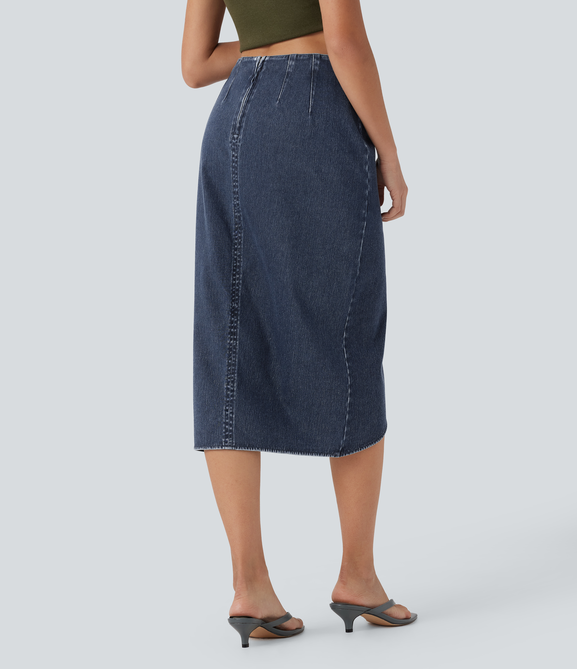 Inkling  Blue Denim Halara Flex™ Jupe en Jean midi délavé taille haute avec zip dos, effet drapé et ourlet tulipe / 2