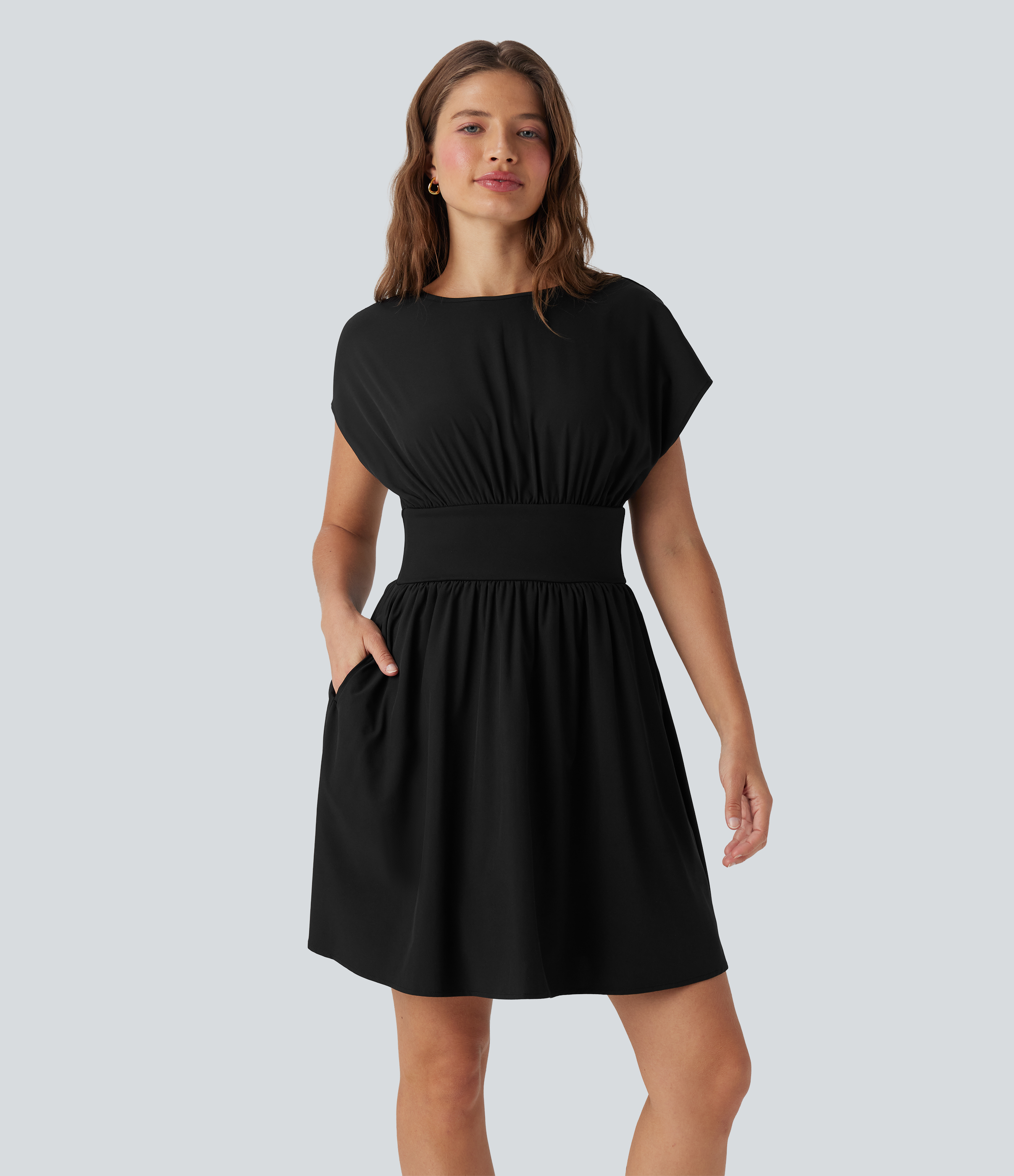 Breezeful™ Batwing Short Sleeve Flowy Quick Dry Mini Work Dress with Side Pockets