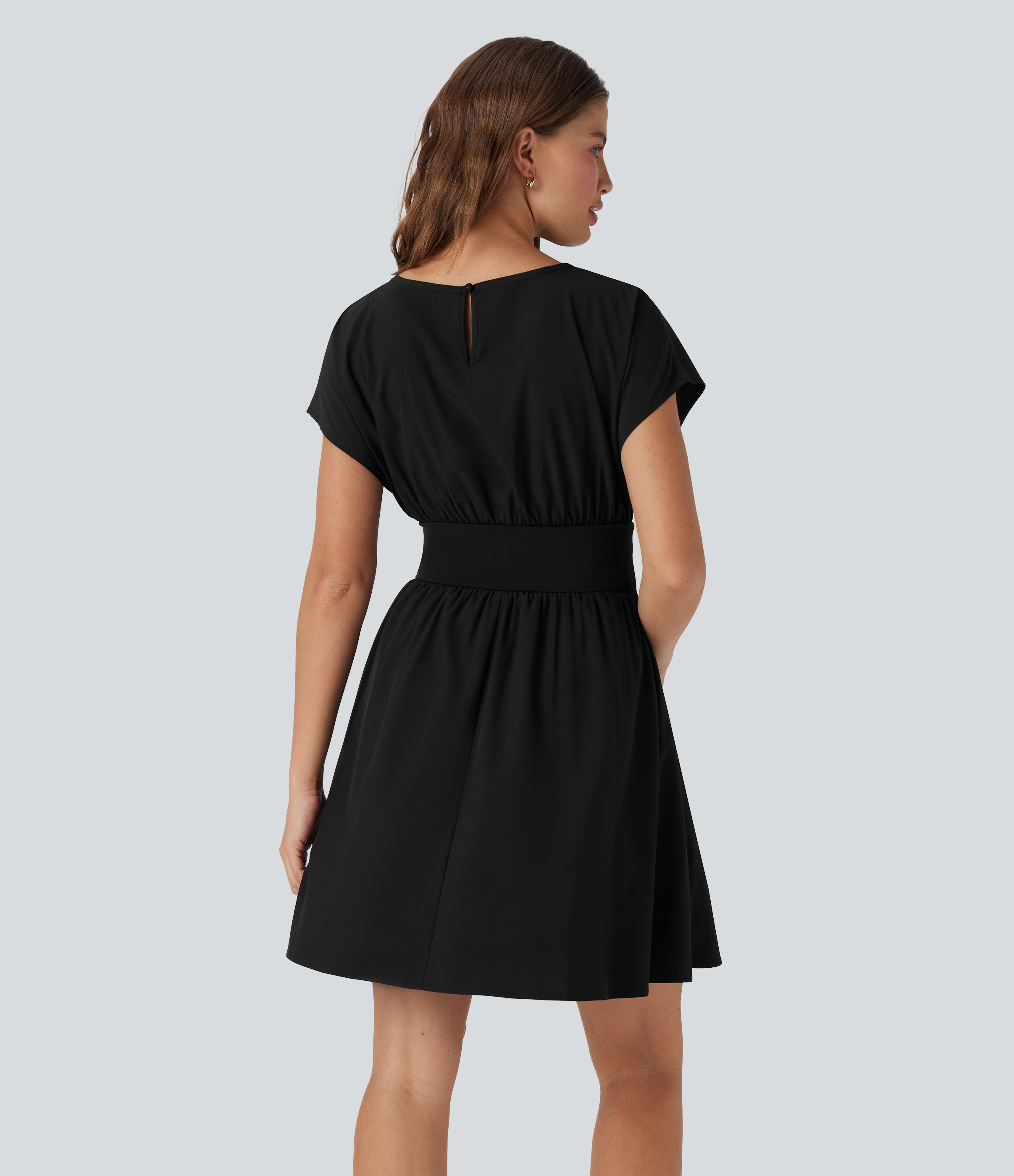 Black Breezeful™ Batwing Short Sleeve Flowy Quick Dry Women Mini Work Dress with Pockets / 2