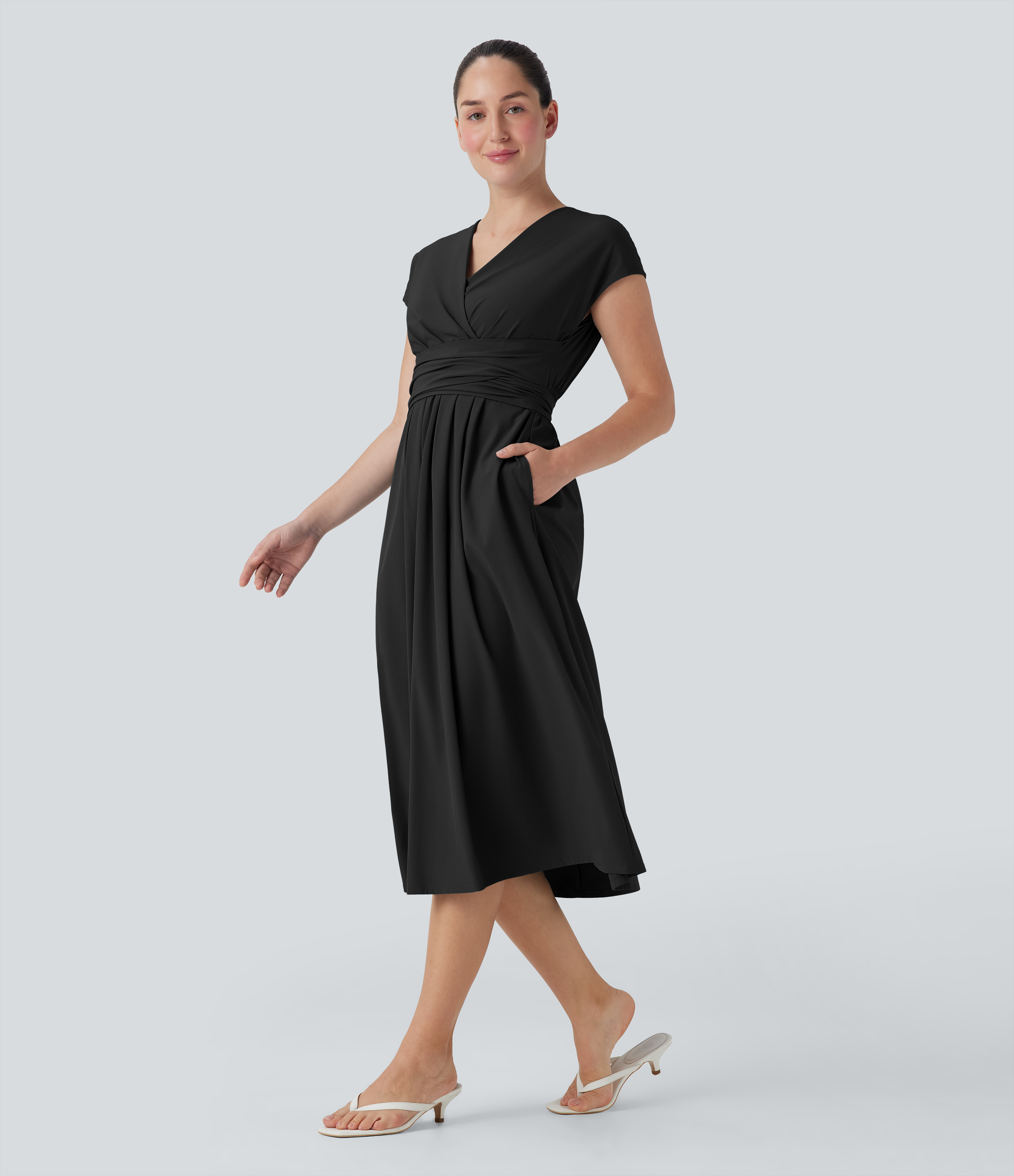 Breezeful™ V Neck Short Sleeve Pocket Tie Back Quick Dry Midi Casual Dress