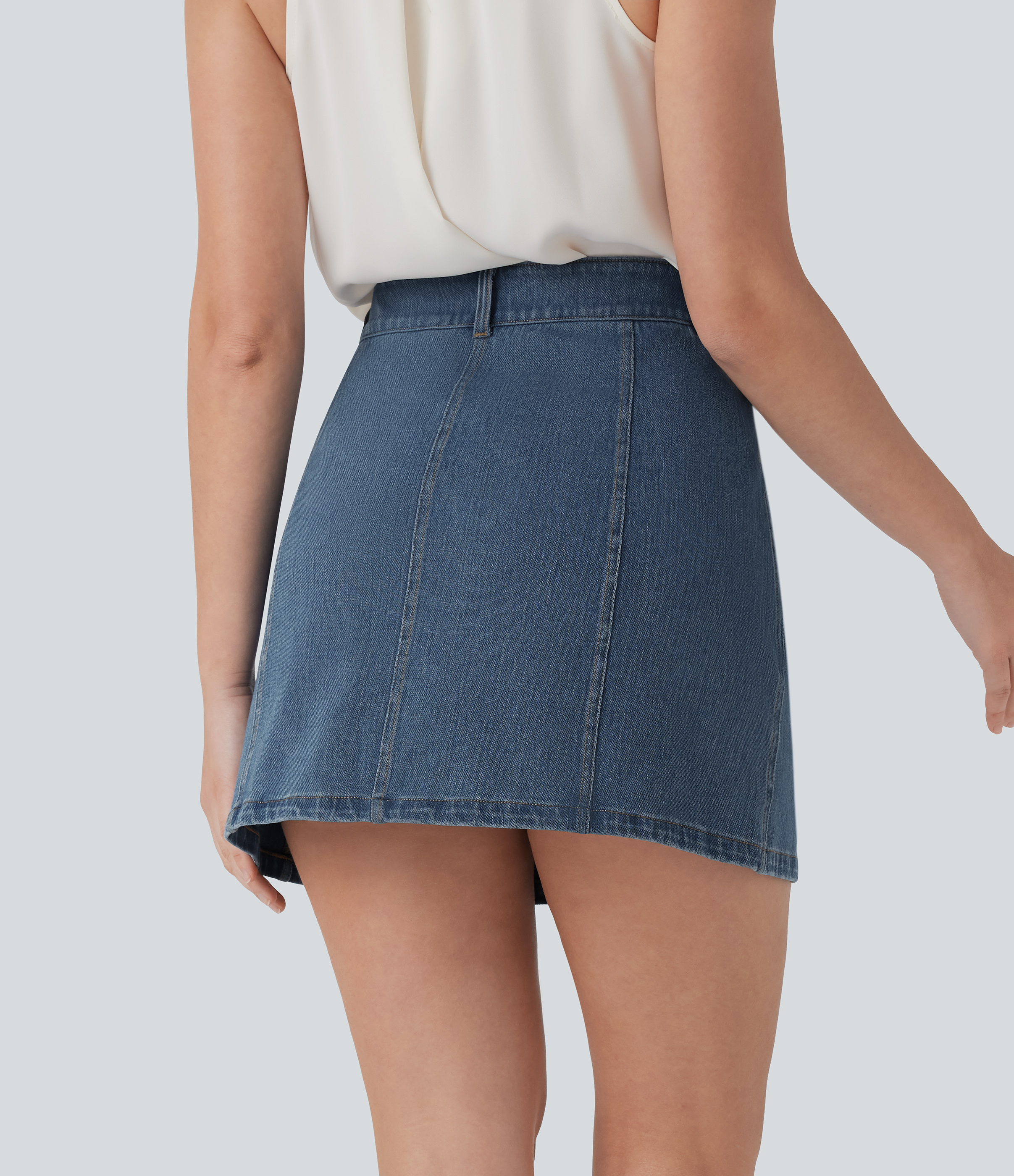 Tide Blue Denim Halara Flex™ minifaldas vaqueras de punto elásticas, de talle medio y corte en A, cómodas y con bolsillos / 2