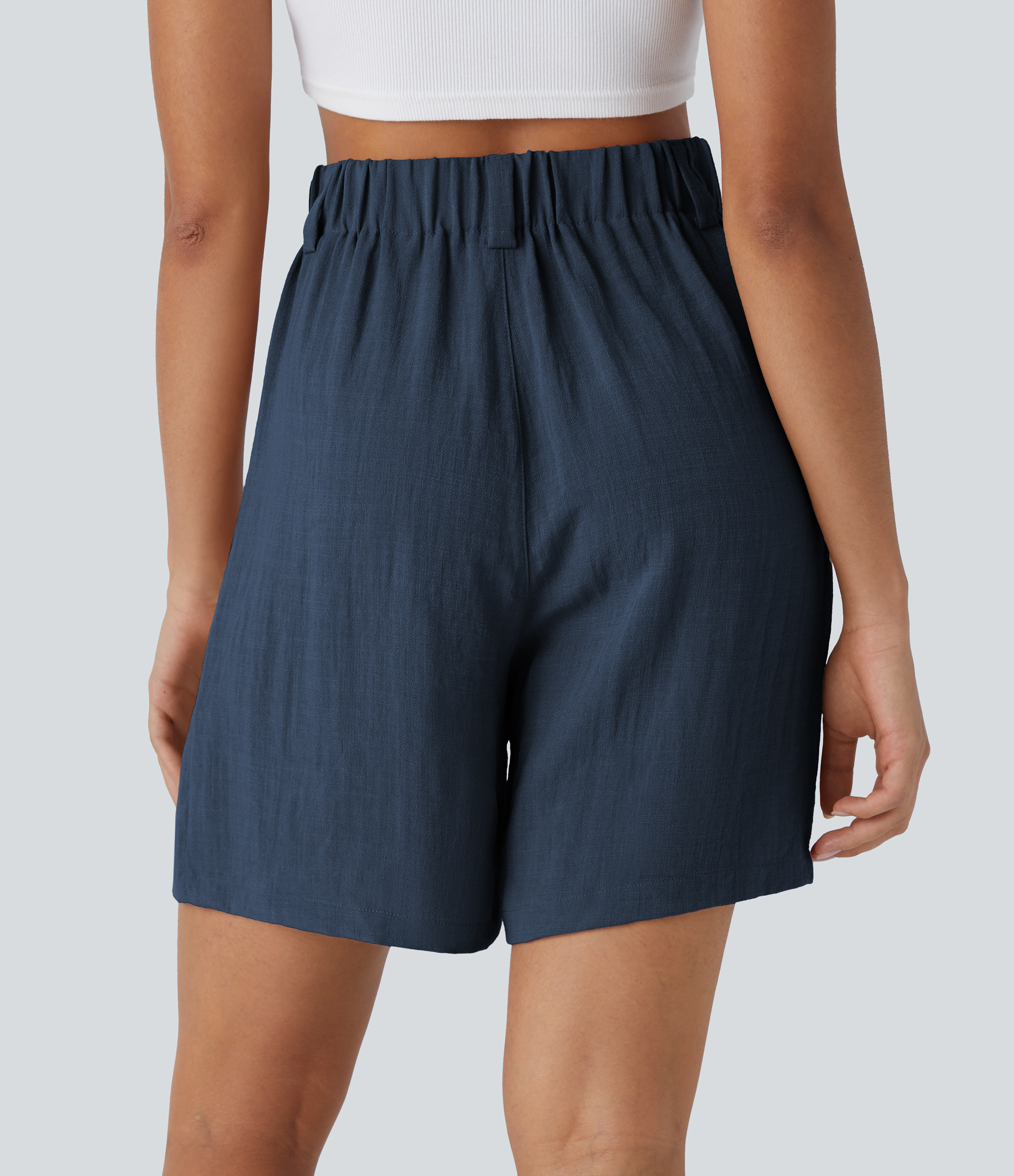 Deep Secluded Blue High Waisted Pocket Wide Leg Casual Linen-Feel Bermuda Shorts / 2
