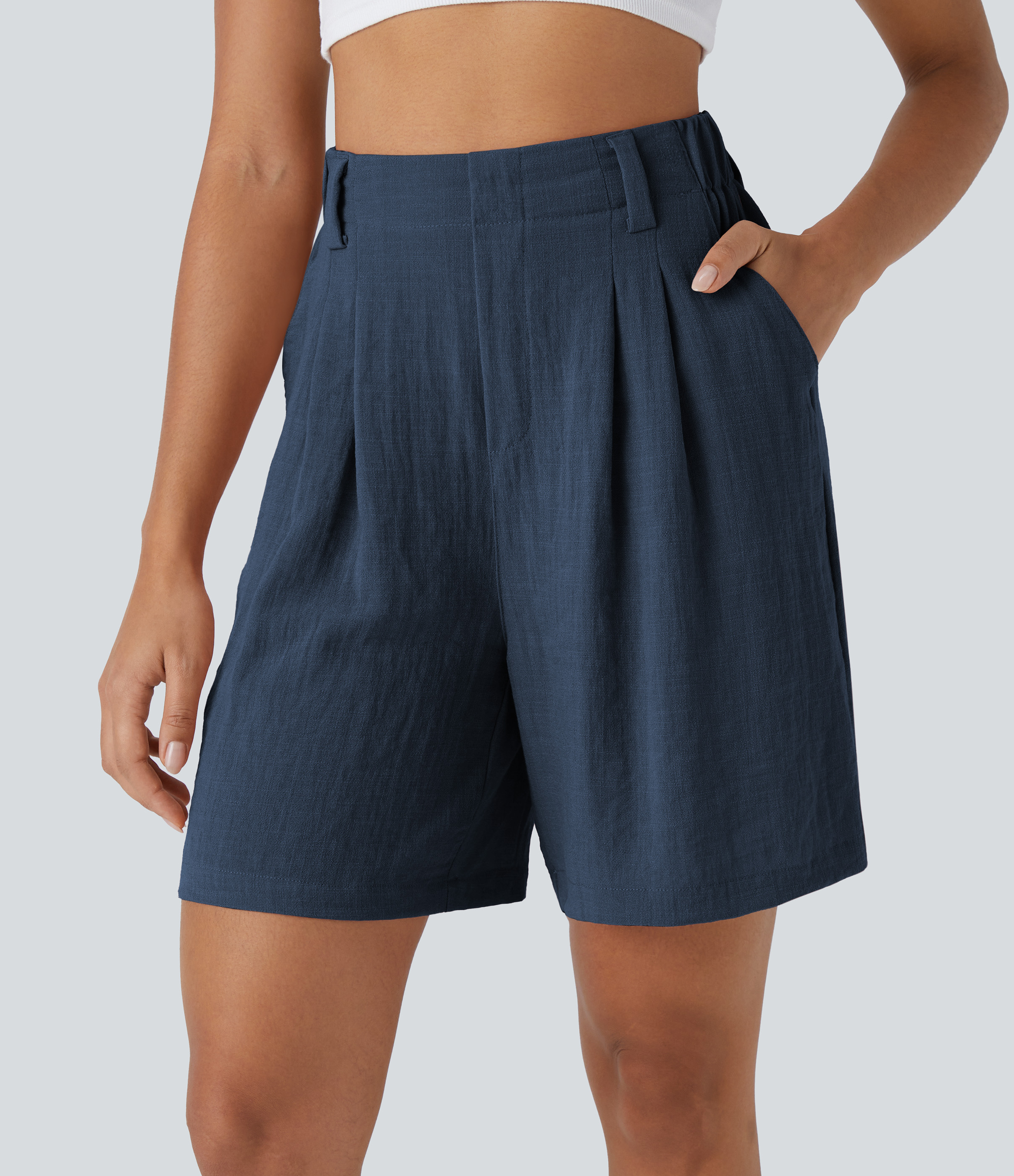 High Waisted Pocket Wide Leg Casual Linen-Feel Bermuda Shorts