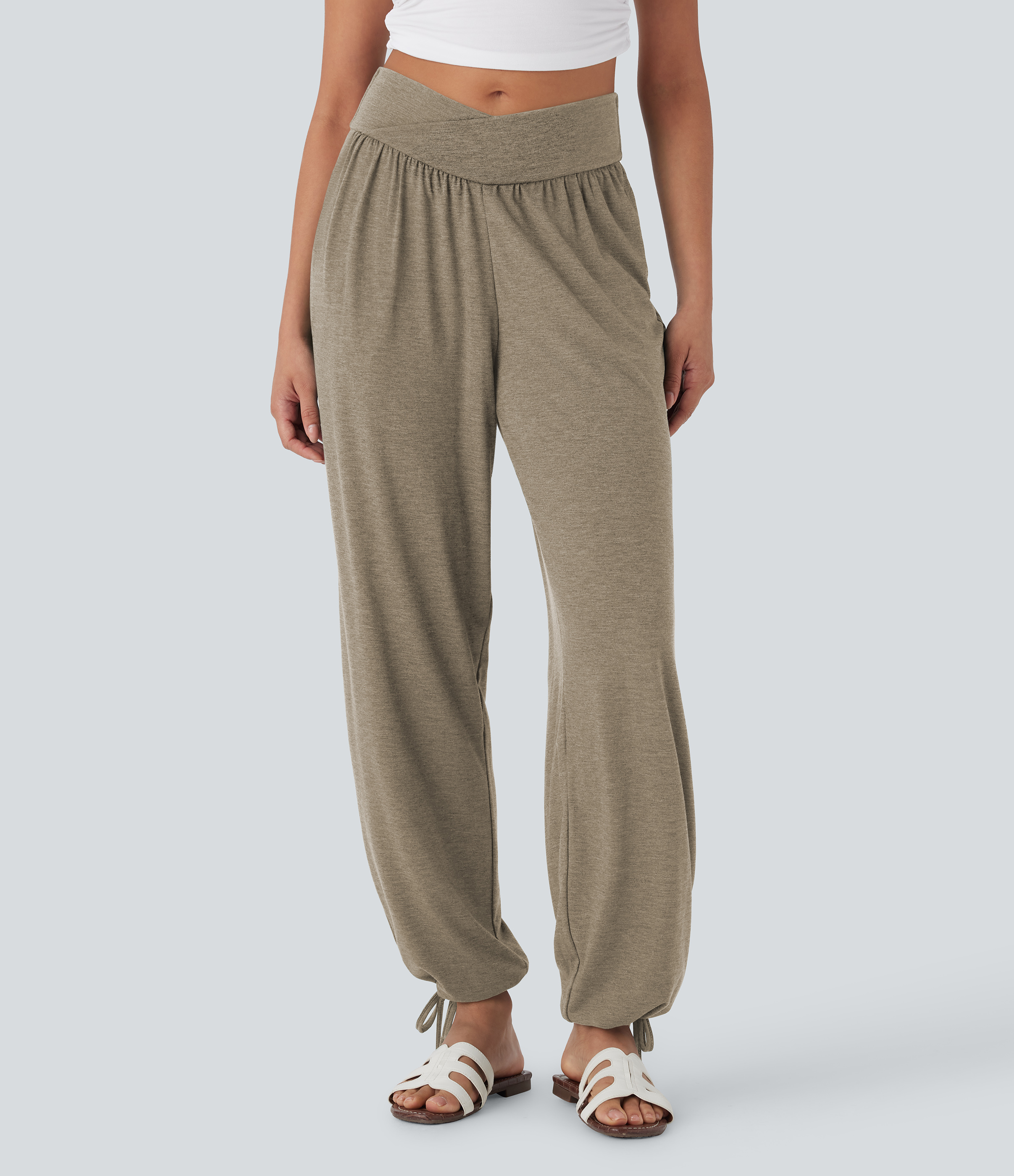 Crossover High Waisted Pocket Drawstring Casual Joggers