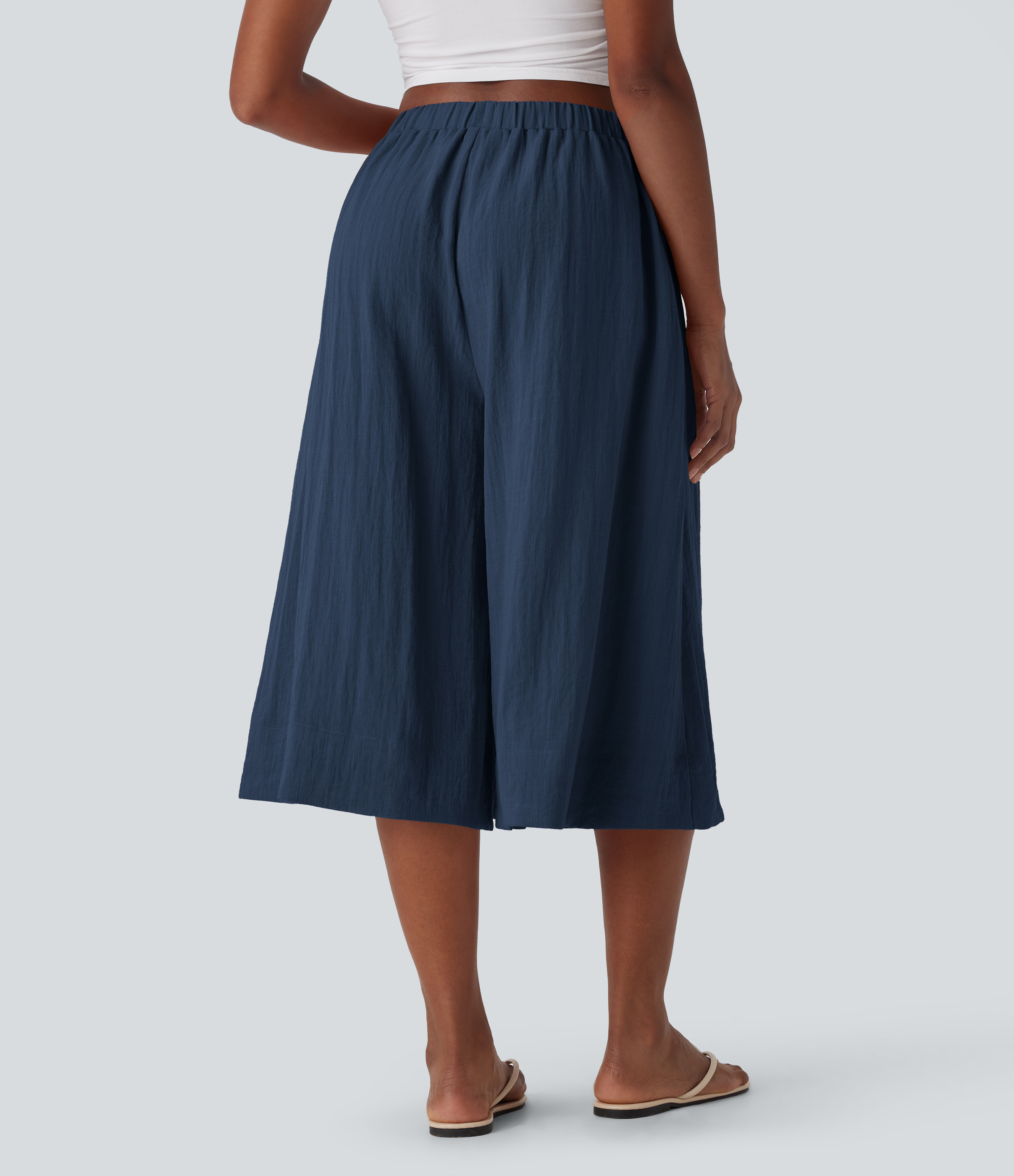 Deep Secluded Blue Pantalon fluide large taille mi-haute effet lin avec poche / 2