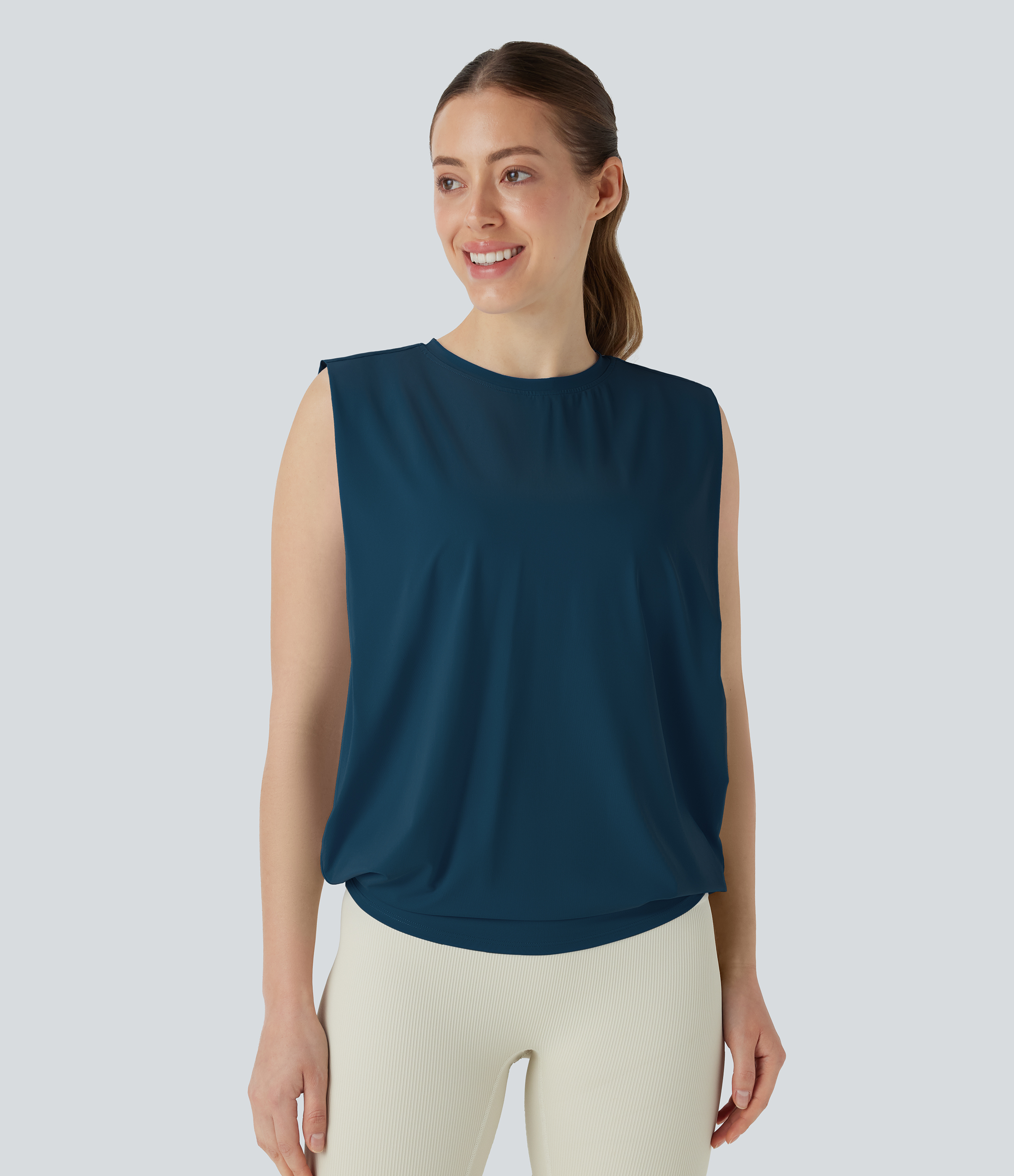 Round Neck Ruched InstantCool Yoga Tank Top-UPF50+