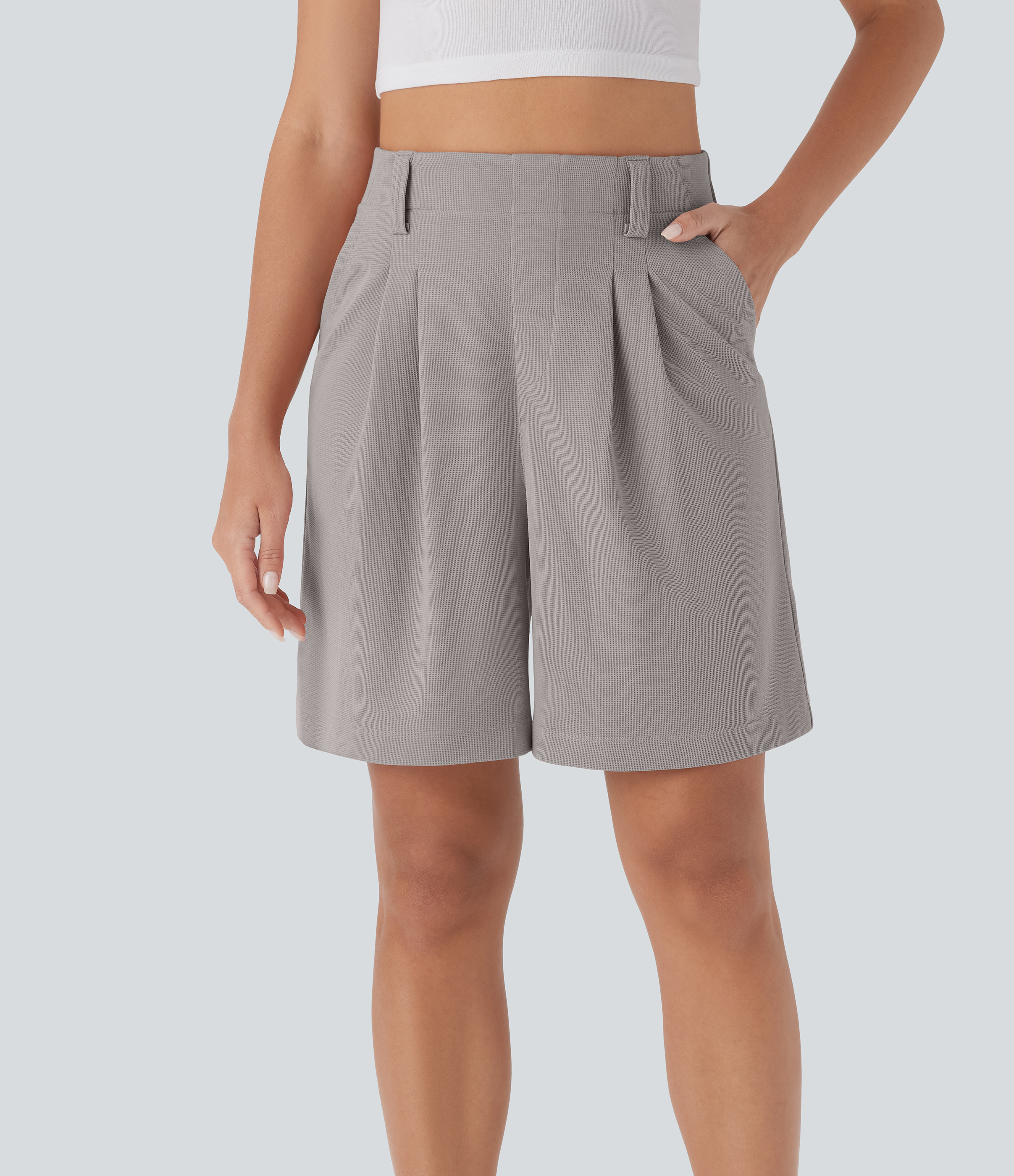 High Waisted Side Pocket Waffle Casual Bermuda Shorts