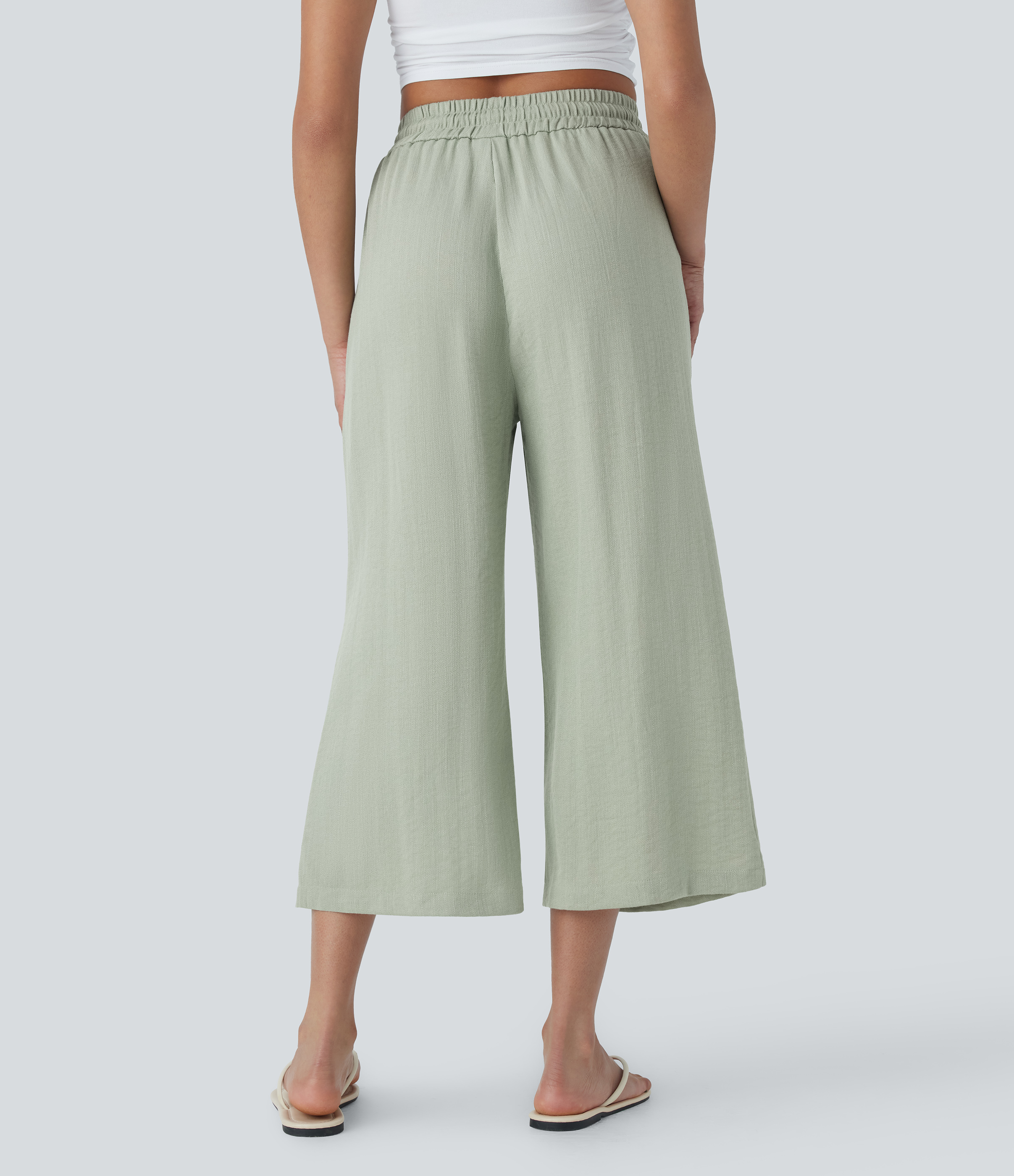 Pale Aqua Pantalón lino tiro alto cordón ajustable pierna ancha bolsillo lateral / 2