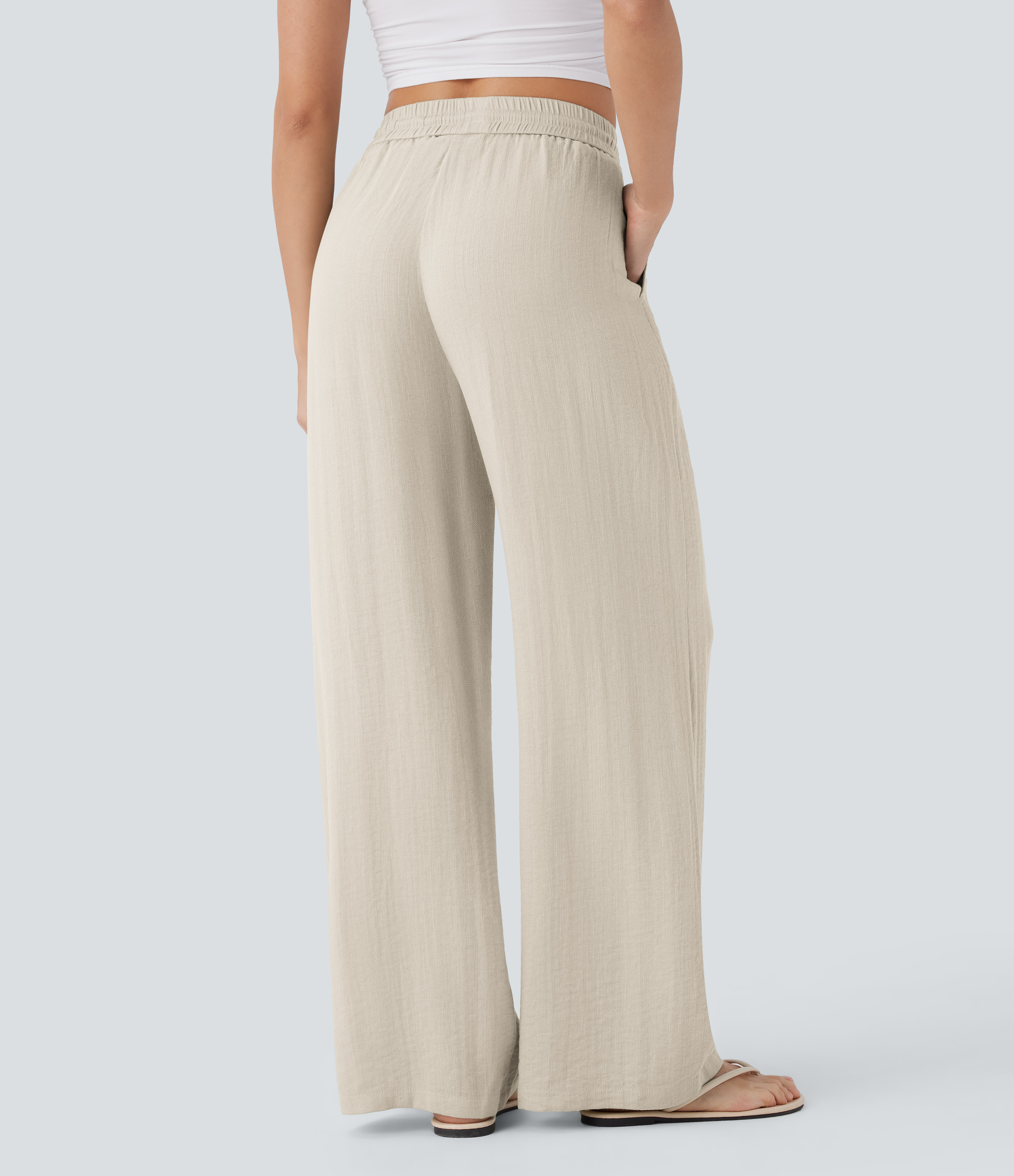 Whisper White Pantalones de tiro alto con cordón y bolsillos, pernera ancha, holgados y de estilo casual con tacto de lino. / 2