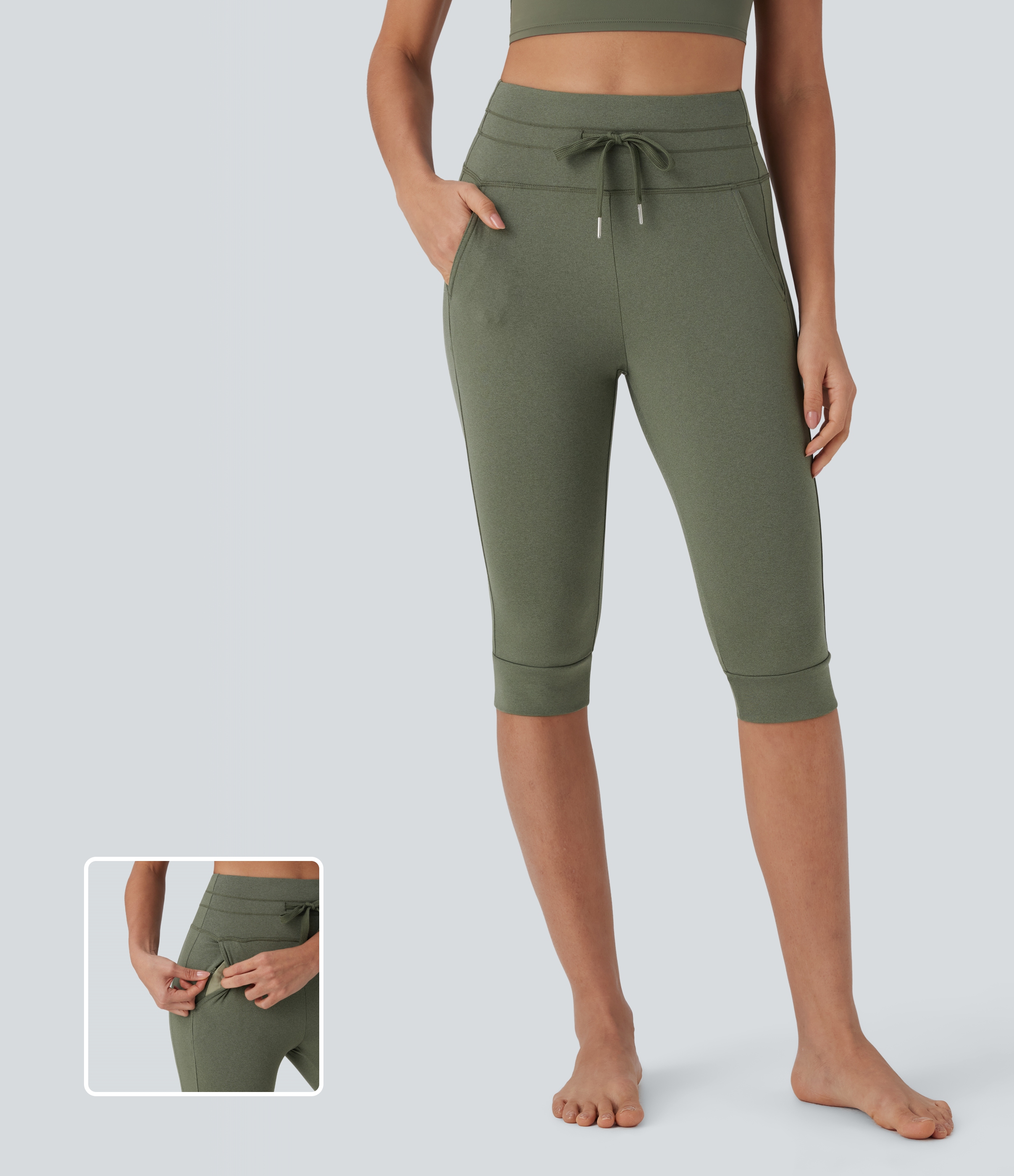Rifle Green Heather Joggers de yoga de secado rápido con tiro alto y cordón ajustable con bolsillos laterales / 1