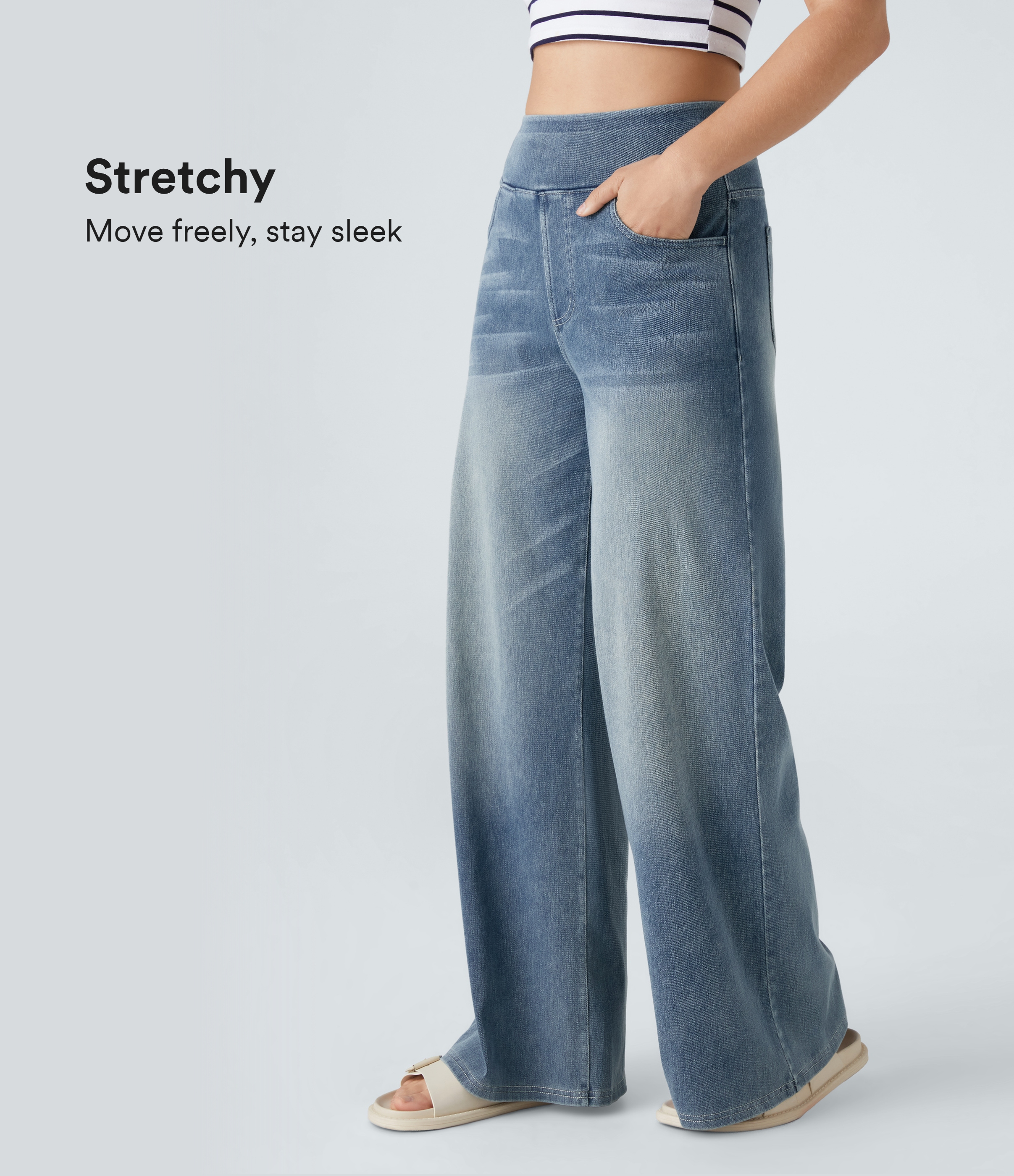 Halara Flex™ High Waisted Pockets Baggy Wide Leg Washed Casual Jeans