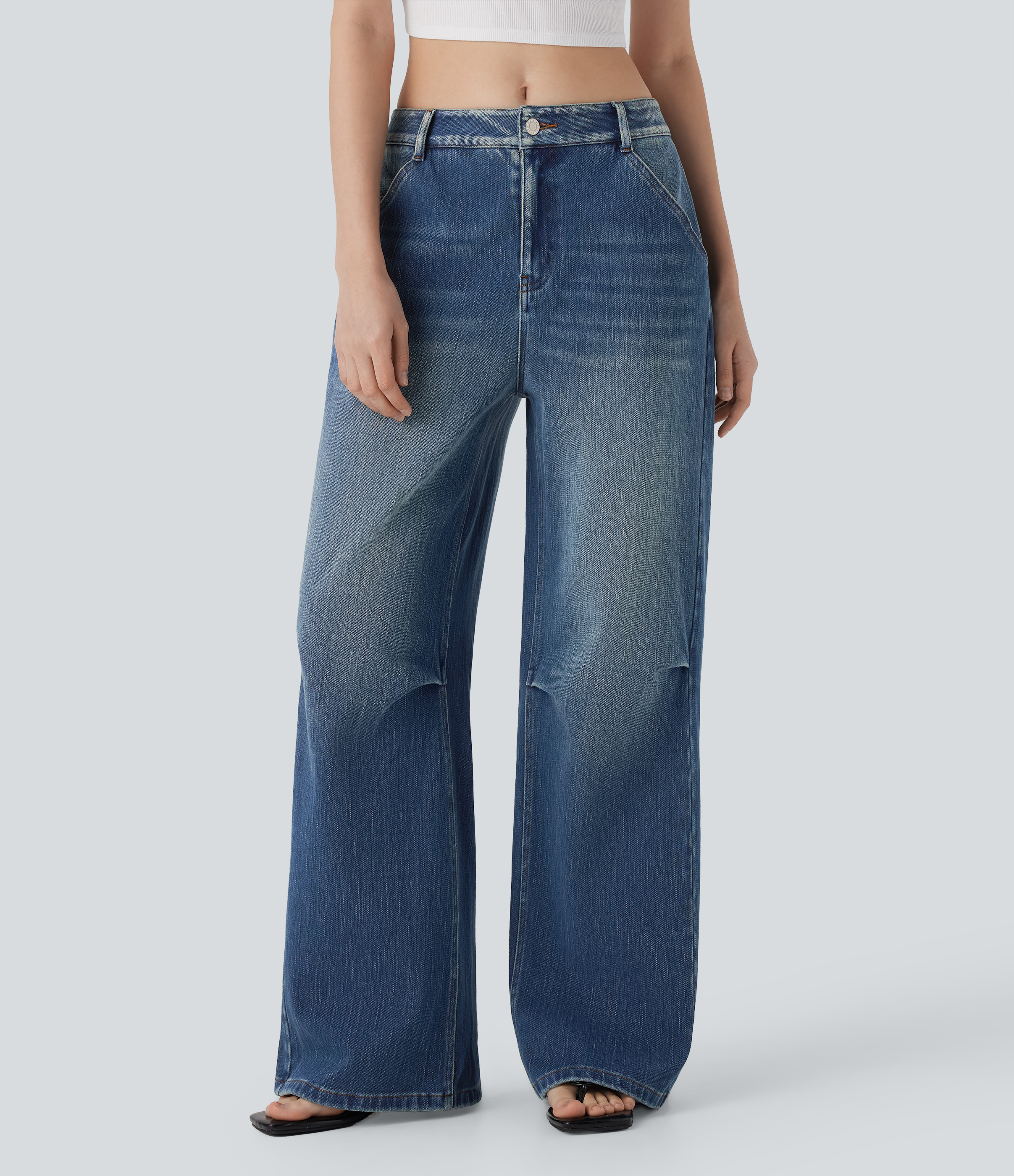 Jeans Baggy Halara Flex™ Denim vaquero elástico tiro bajo estilo lavado pierna ancha múltiple bolsillo