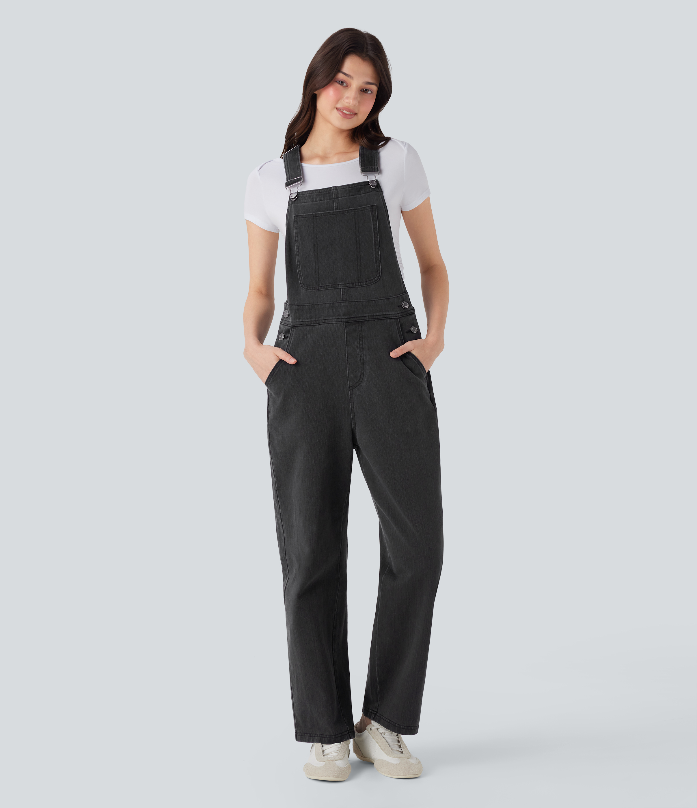 Jumpsuit Halara Flex™ Denim mezclilla elástica botón pierna recta múltiple bolsillo