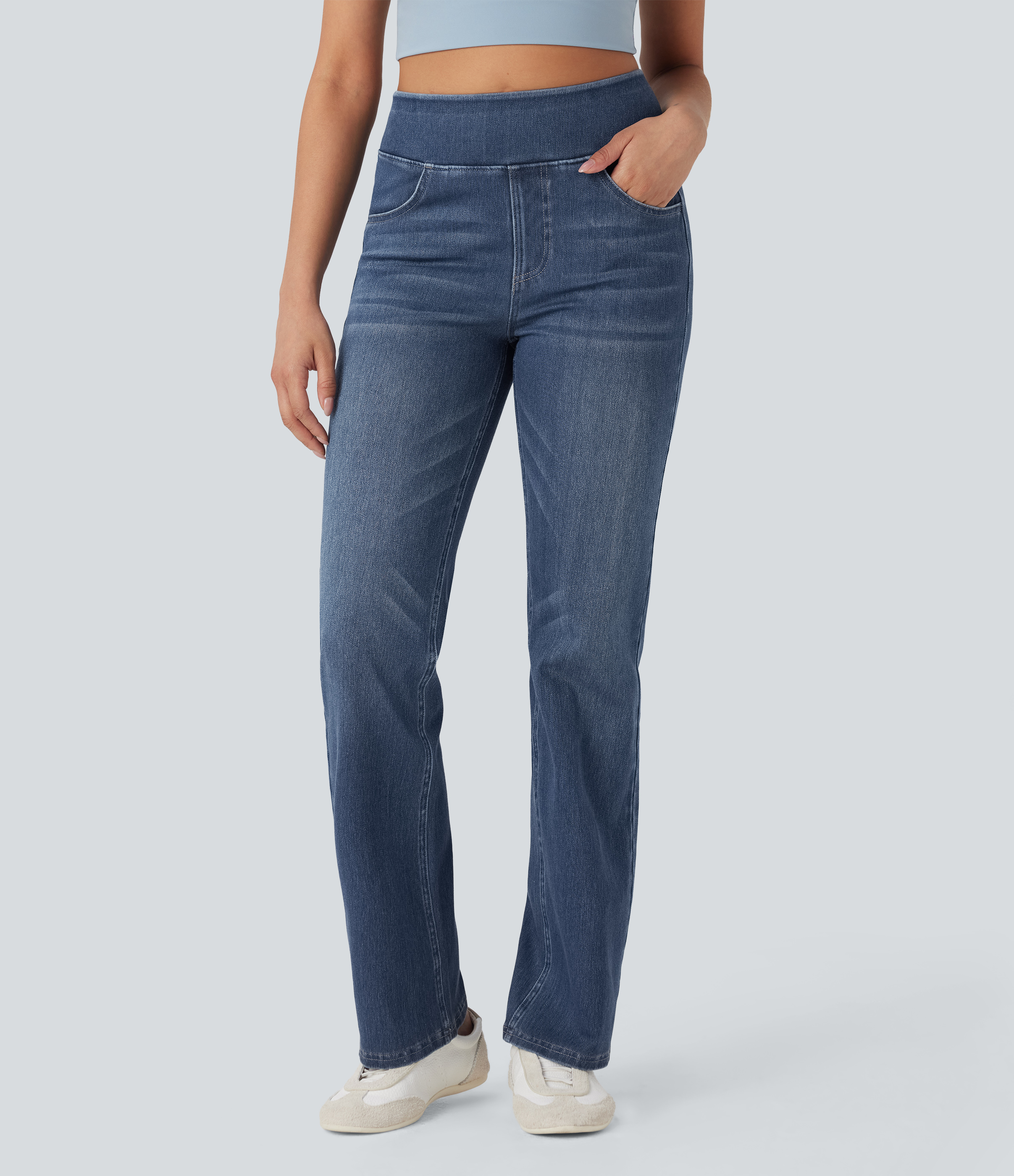 Halara Flex™ High Waisted Tummy Control Washed Casual Bootcut Jeans with Pockets