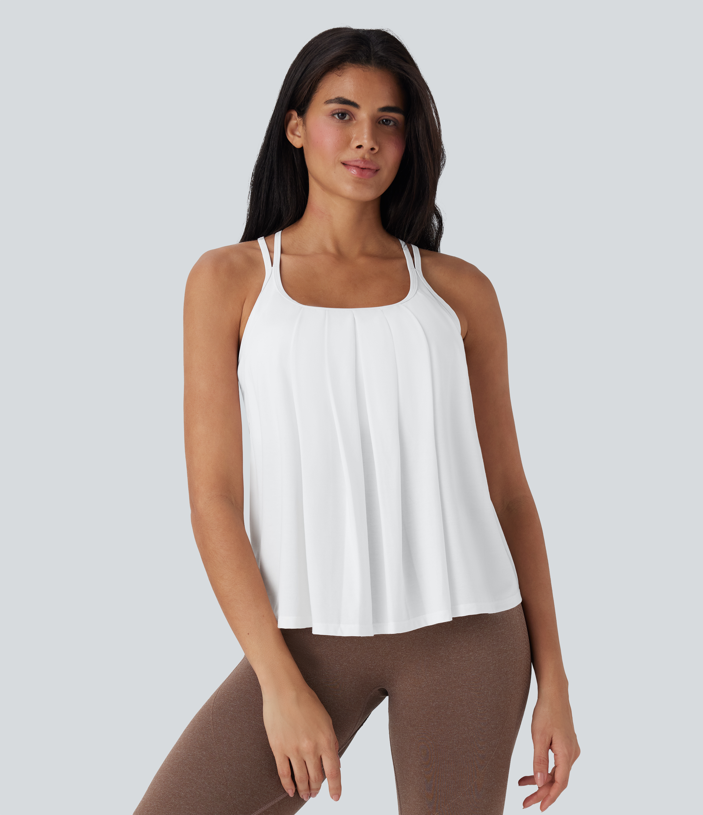 White Top camisero de yoga plisado con tirantes dobles y secado rápido en copas D-F / 2