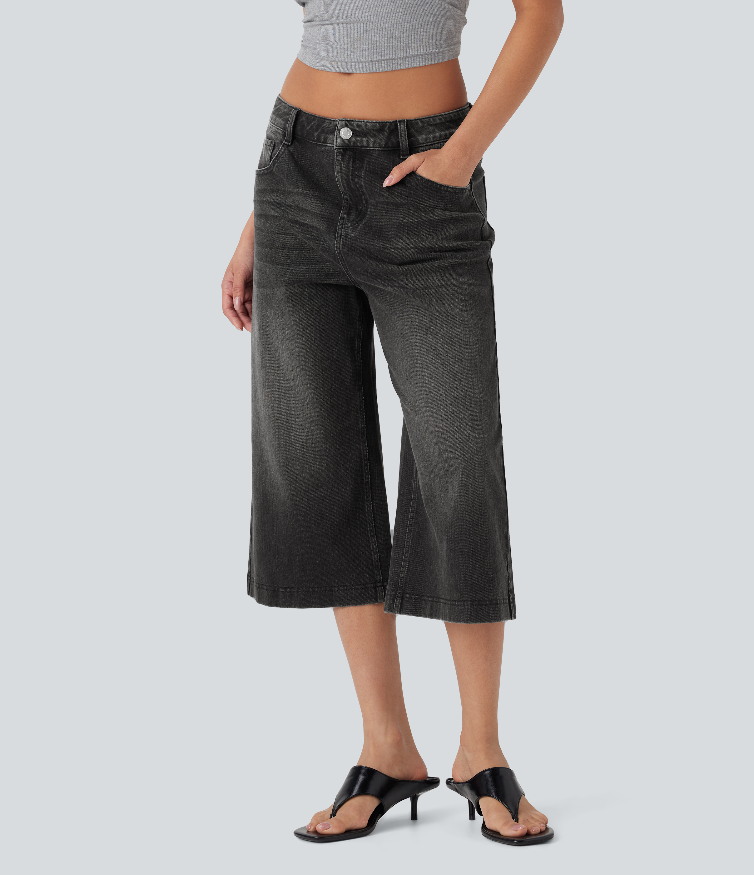 Halara Flex™ Low Rise Washed Casual Capri Baggy Jeans with Pockets