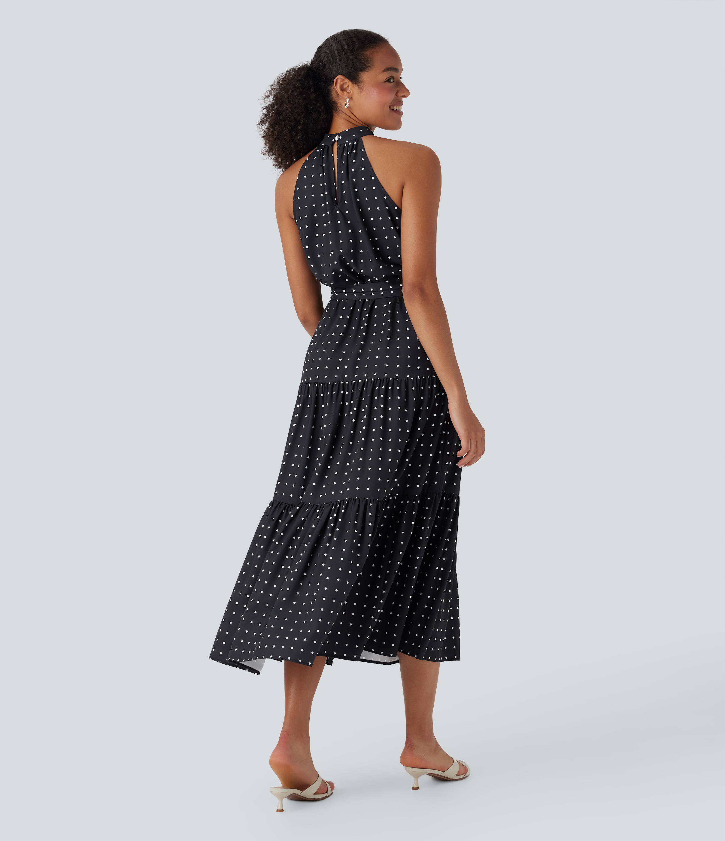 White Polka Halter Keyhole Back Belted Polka Dot Flowy Midi Dress with Pockets / 2