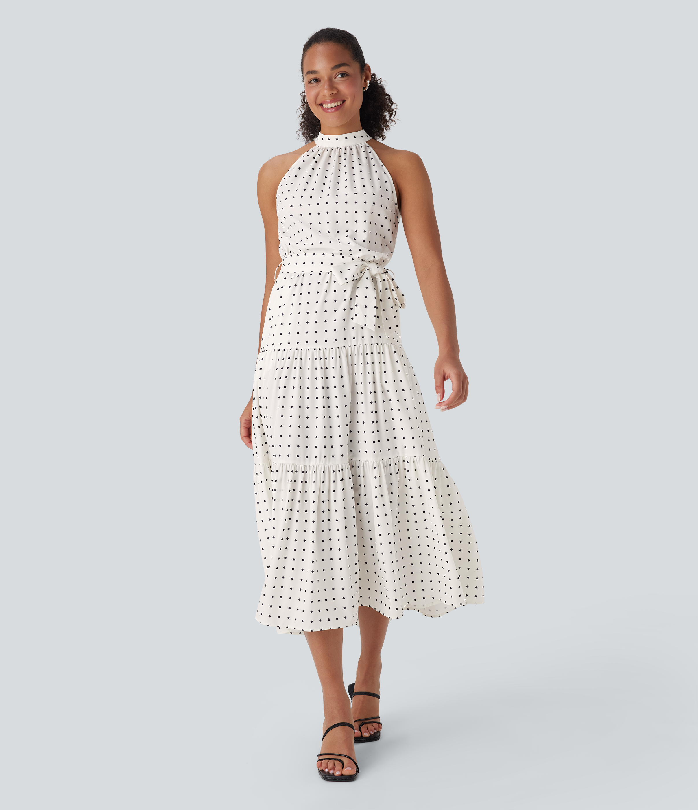 Halter Keyhole Back Belted Polka Dot Flowy Midi Resort Dress with Side Pockets