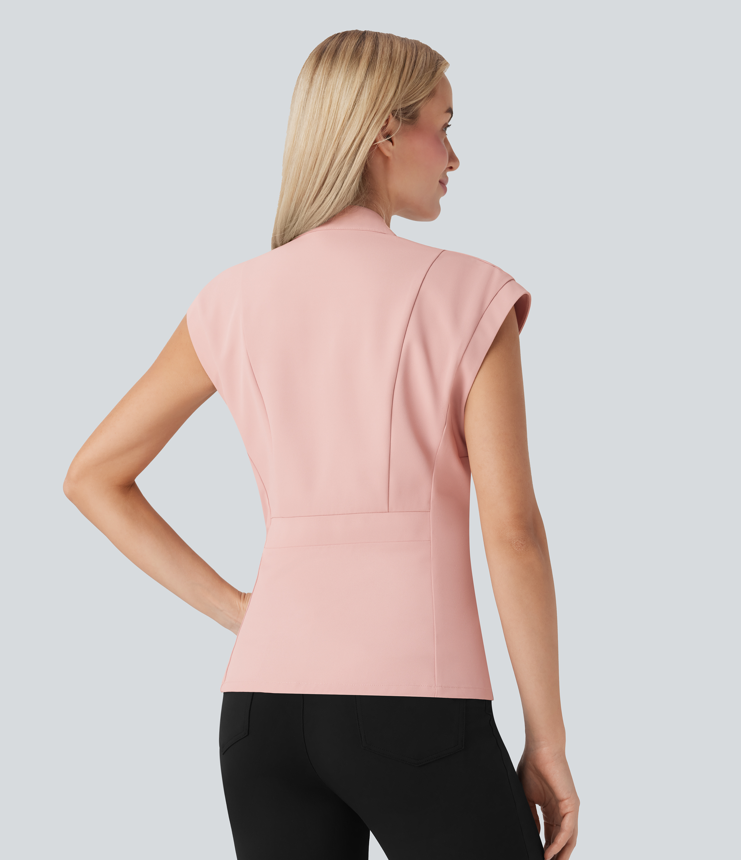Peachskin Chaqueta de oficina sin mangas con cinturón y cuello en V / 2