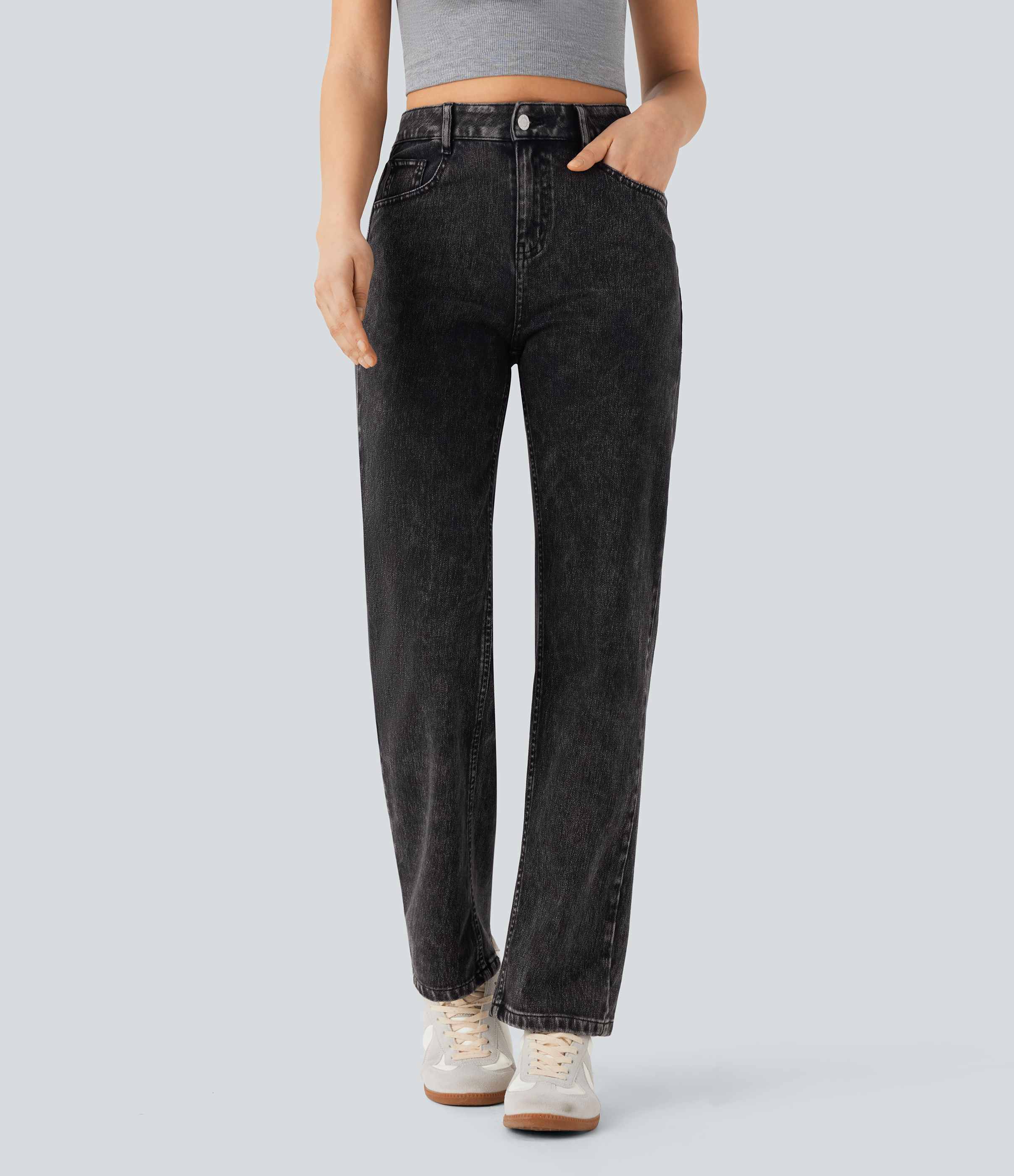 Halara Flex™ Jean droit extensible à taille haute avec bouton, fermeture éclair et poches multiples