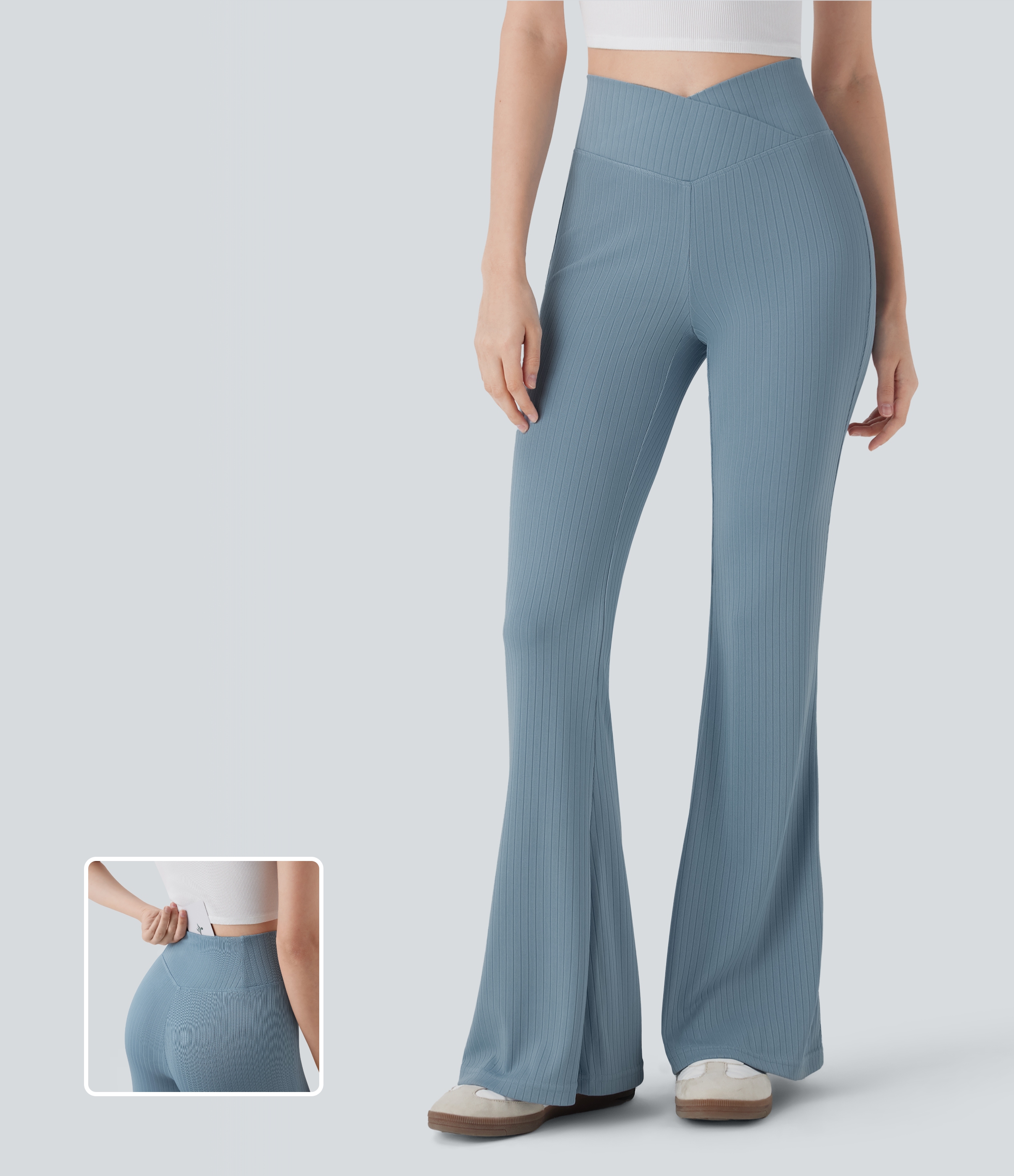 Mountain Spring Pantalones casuales acampanados de tiro alto con punto acanalado y bolsillo trasero / 1