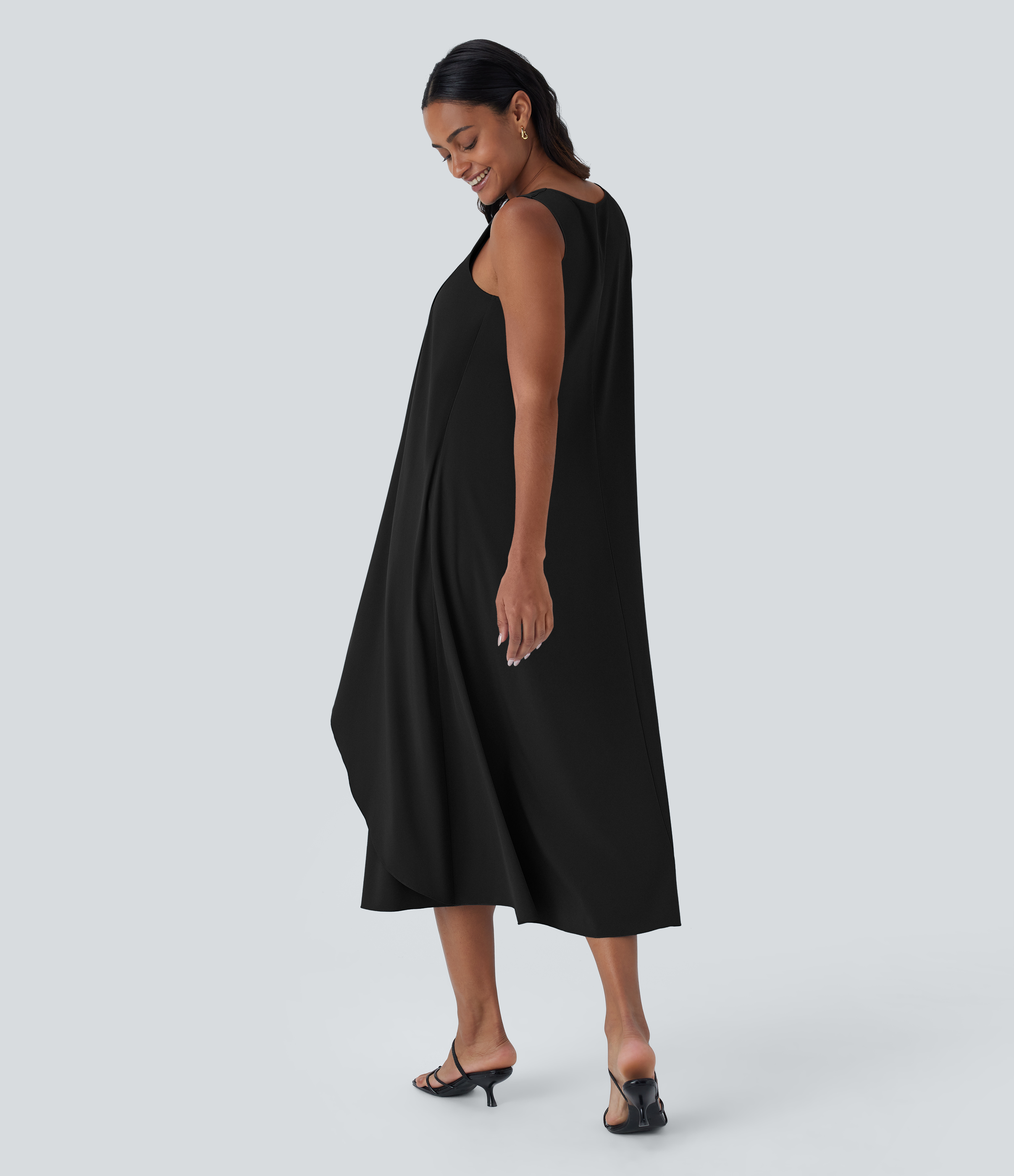 Black Breezeful™ V Neck Sleeveless Layered Flowy Quick Dry Midi Casual Dress / 2