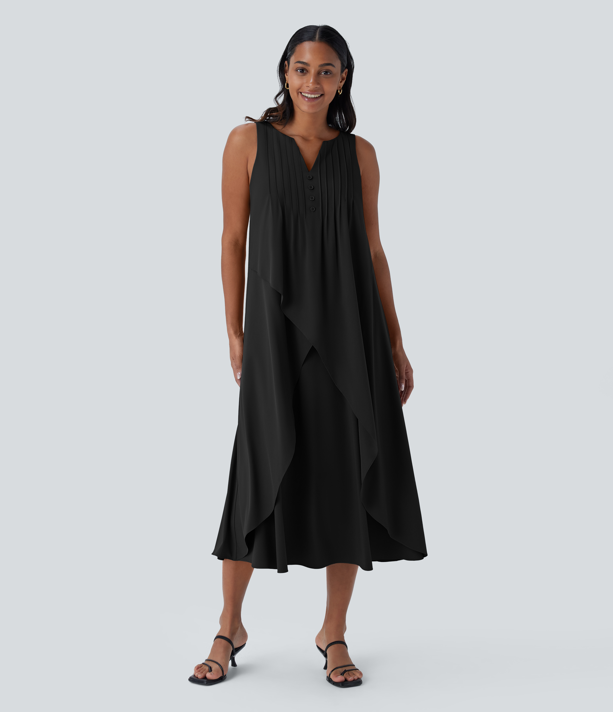 Black Breezeful™ V Neck Sleeveless Layered Flowy Quick Dry Midi Casual Dress / 1