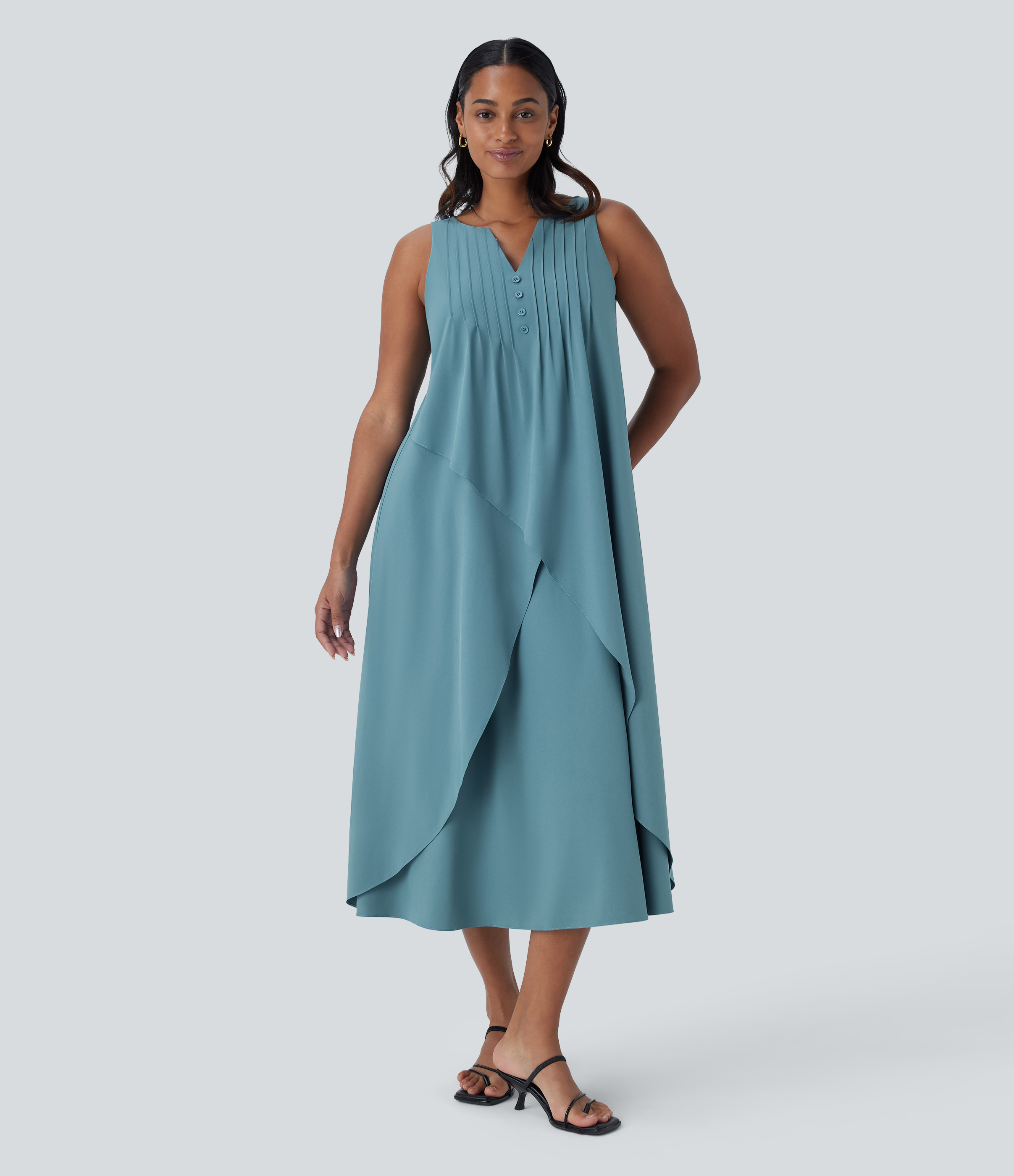 Stone Blue Breezeful™ robe mi-longue décontractée à col en V, sans manches, superposée, légère et à séchage rapide / 1