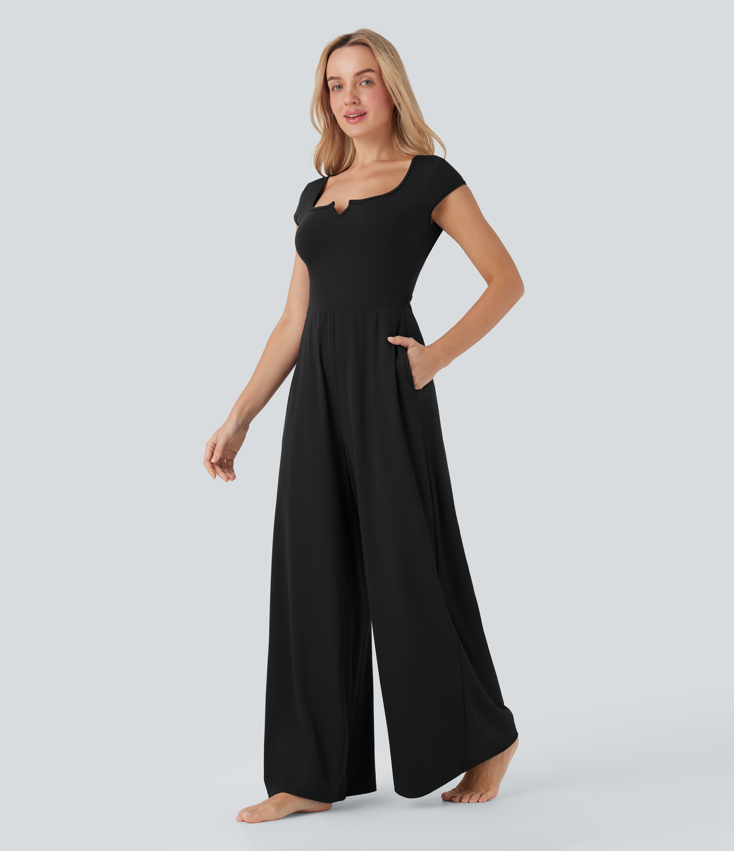 SoftlyZero™ Airy Short Sleeve Wide Leg Cool Touch Yoga Jumpsuit with Pockets-Easy Peezy Edition