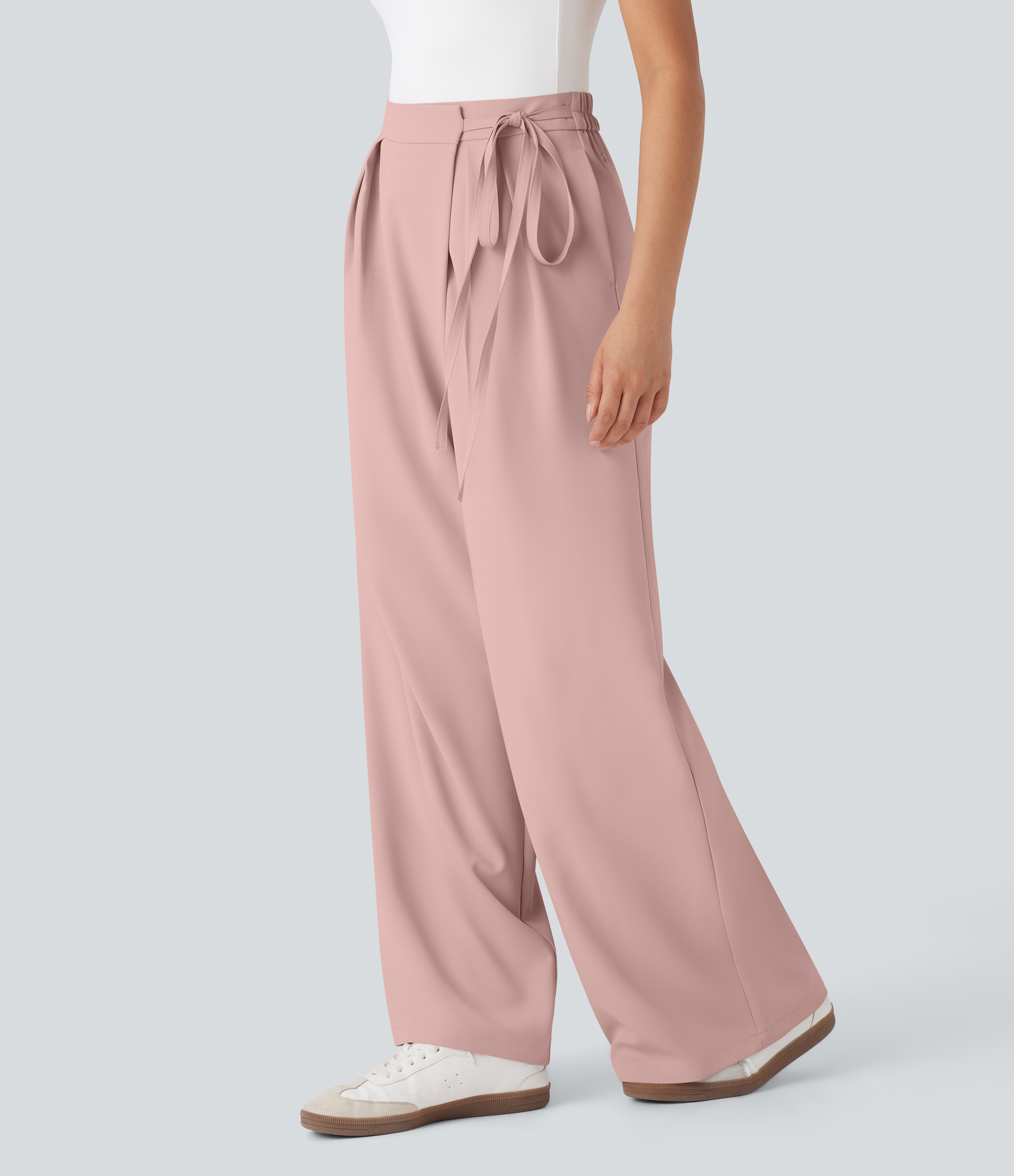 Peachskin Pantalones de oficina anchos de tiro alto con cremallera invisible, lazos laterales y bolsillos / 1