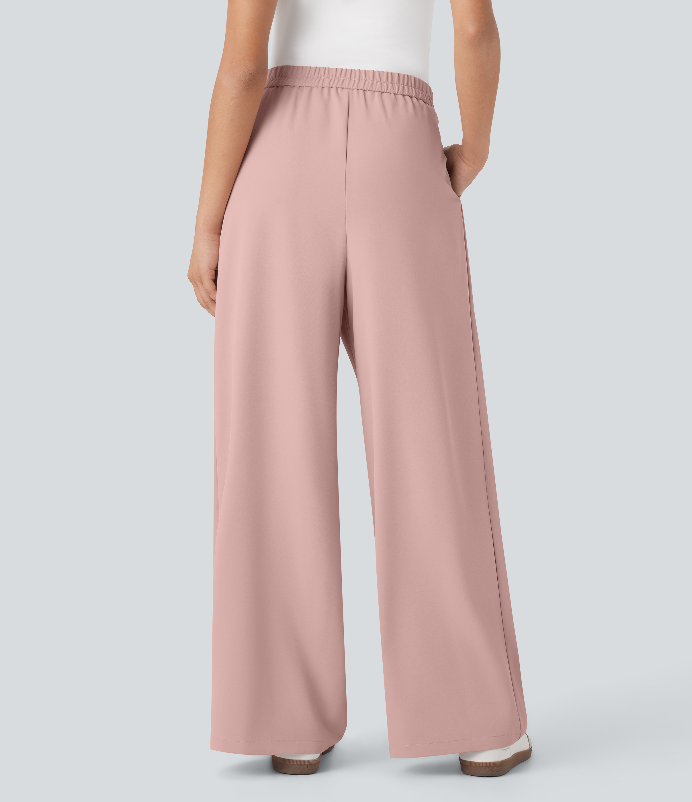 Peachskin Pantalones de oficina anchos de tiro alto con cremallera invisible, lazos laterales y bolsillos / 2
