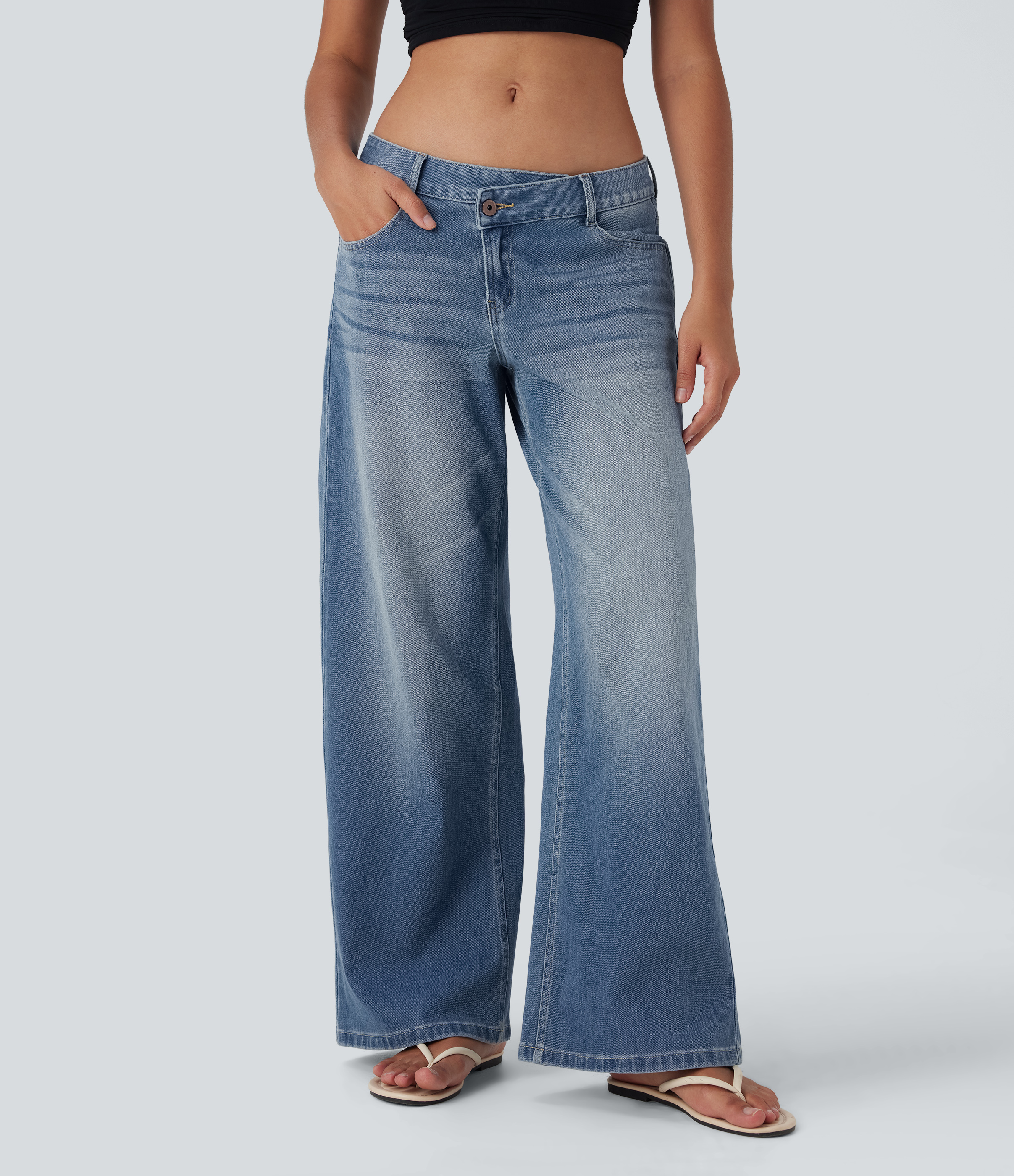 Halara Flex™ Asymmetric Low Rise Zipper Pockets Baggy Wide Leg Washed Casual Jeans — Blue Surf Denim by Halara