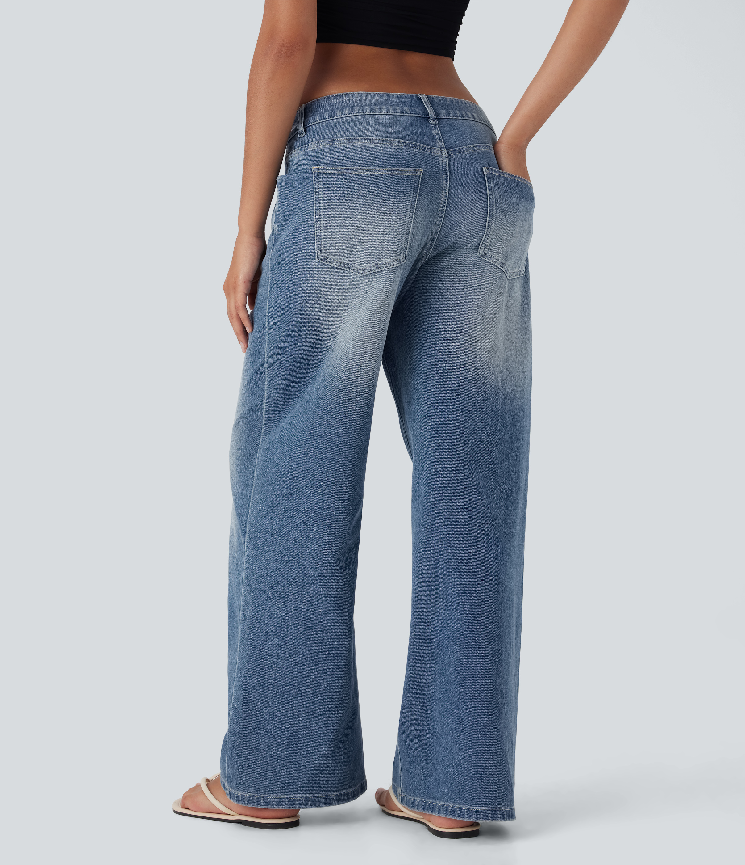 Blue Surf Denim Halara Flex™ Asymmetric Low Rise Zipper Pockets Baggy Wide Leg Washed Casual Jeans / 2