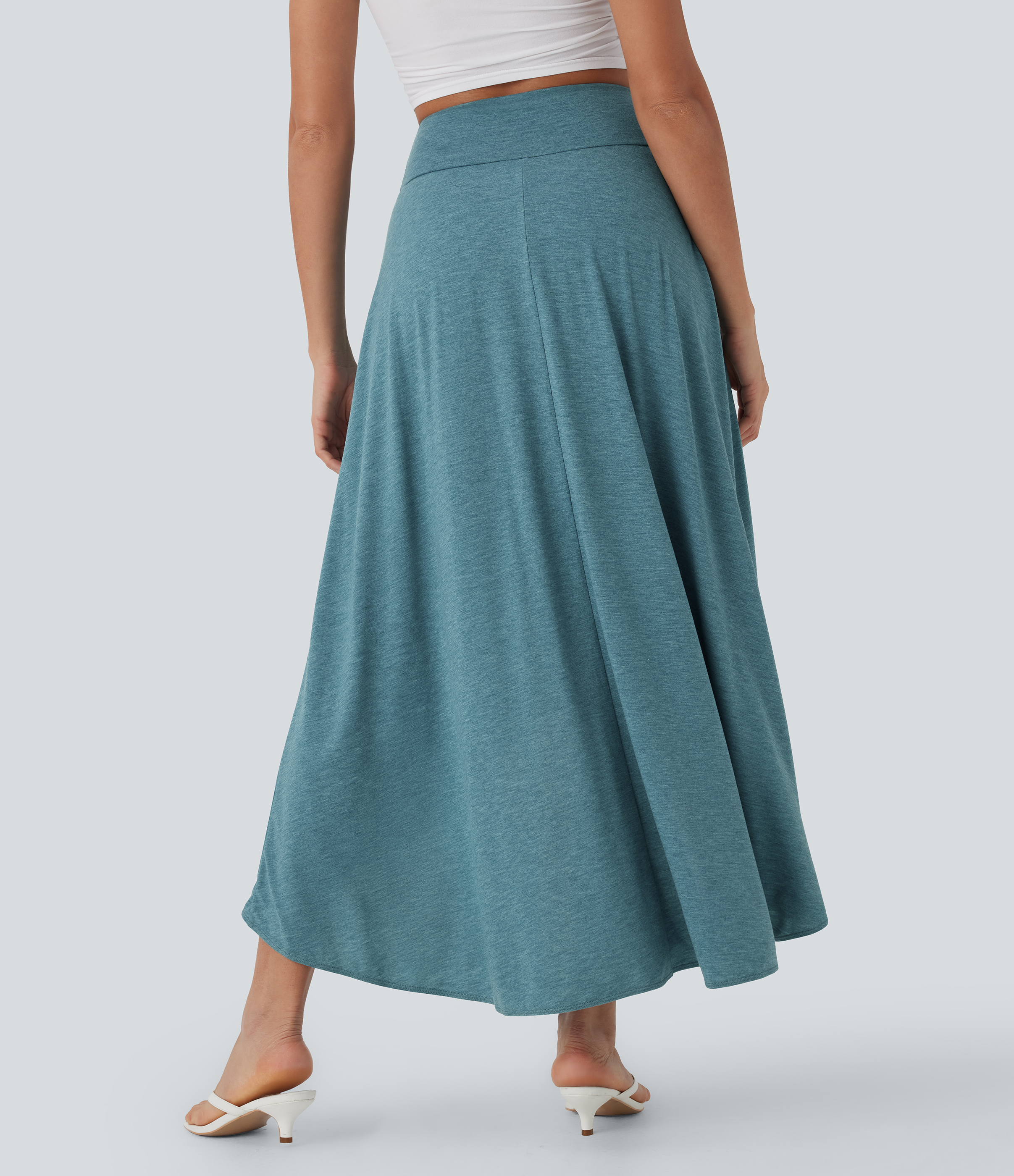 Stone Green Floral Yarn Falda larga casual fluida 2 en 1 con tiro alto y efecto moldeador de abdomen / 2