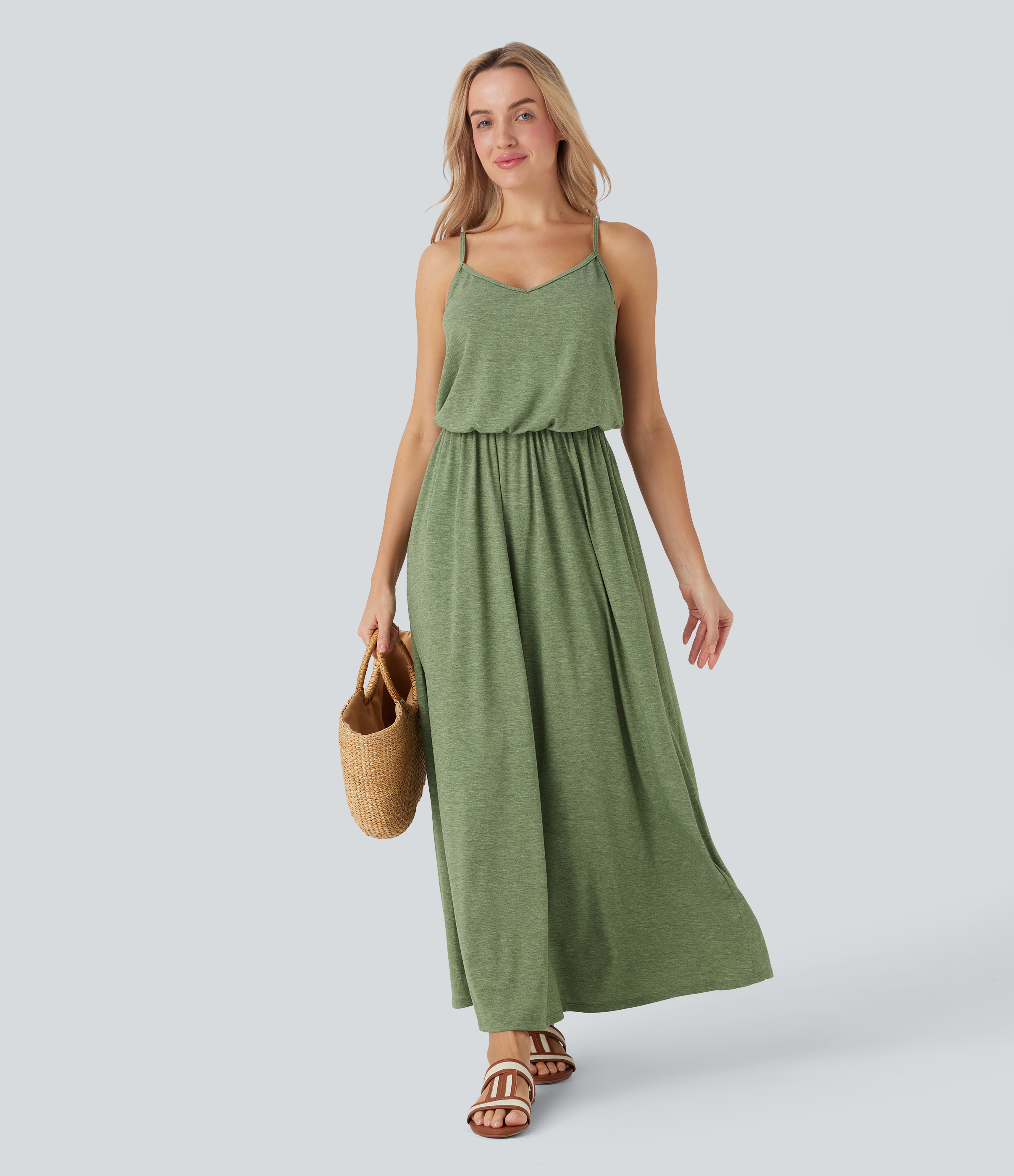 Adjustable Strap Maxi Flowy Resort Slip Dress with Pockets