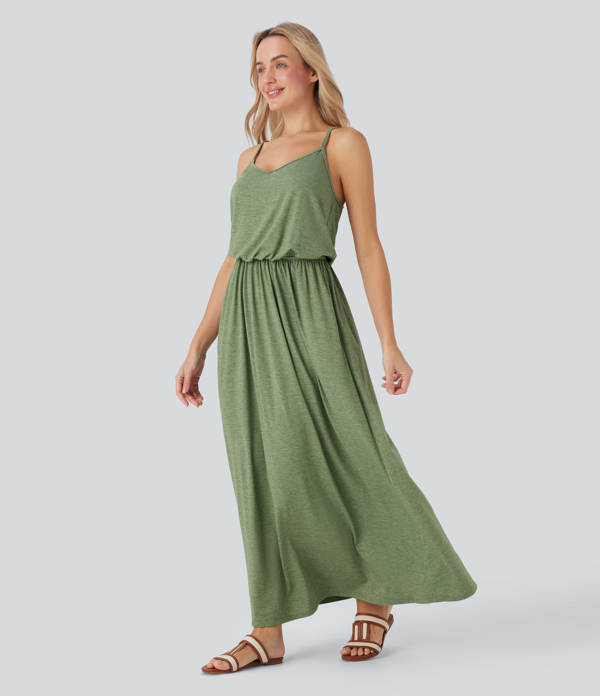 Adjustable Strap Maxi Flowy Resort Slip Dress with Pockets