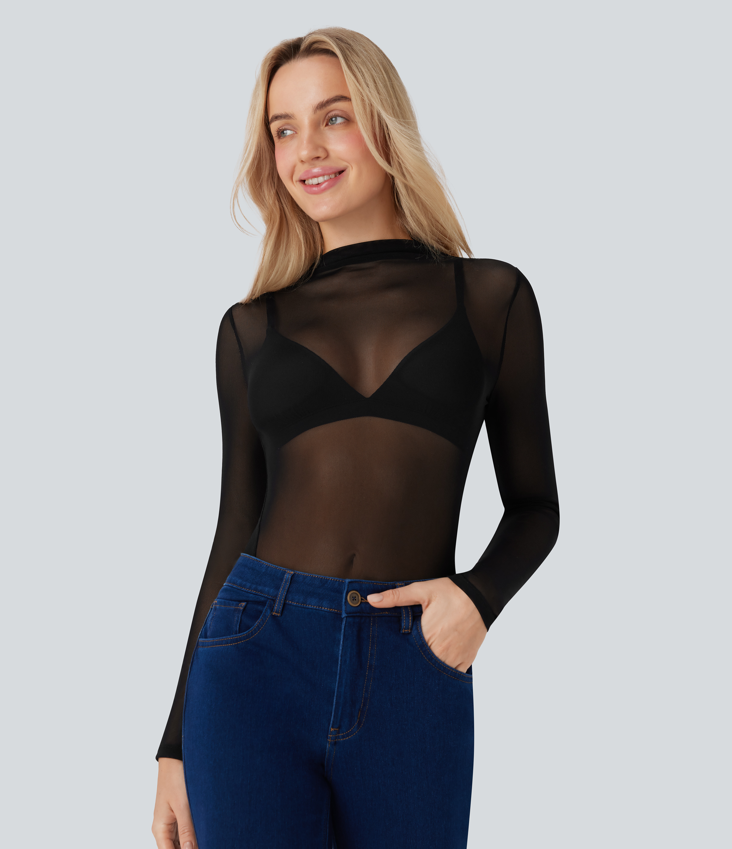 Schwarz Transparenter Mesh-Stehkragen Snap Casual Body / 2