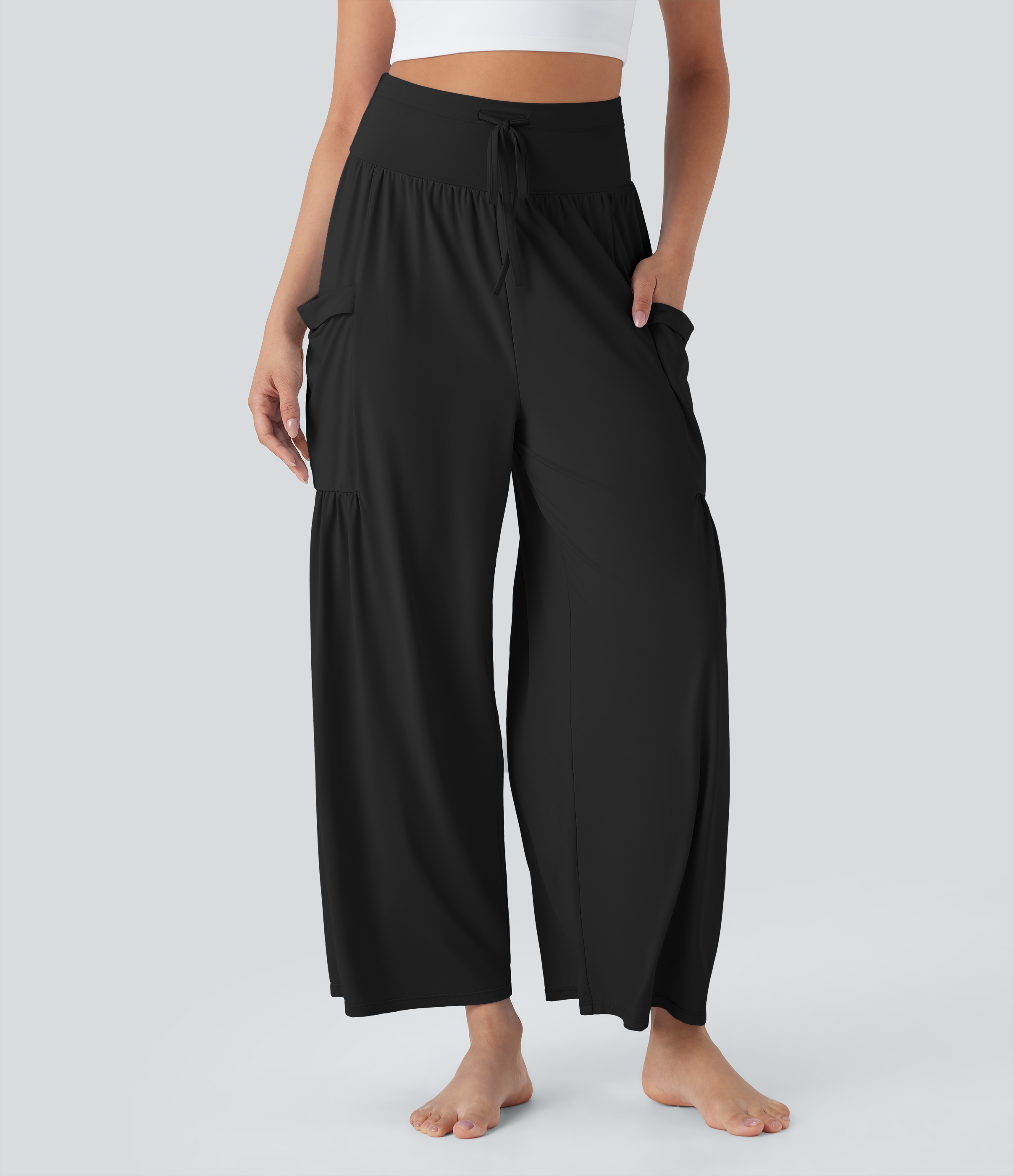 High Waisted Tummy Control Drawstring Wide Leg InstantCool Yoga Pants with Pockets-UPF50+