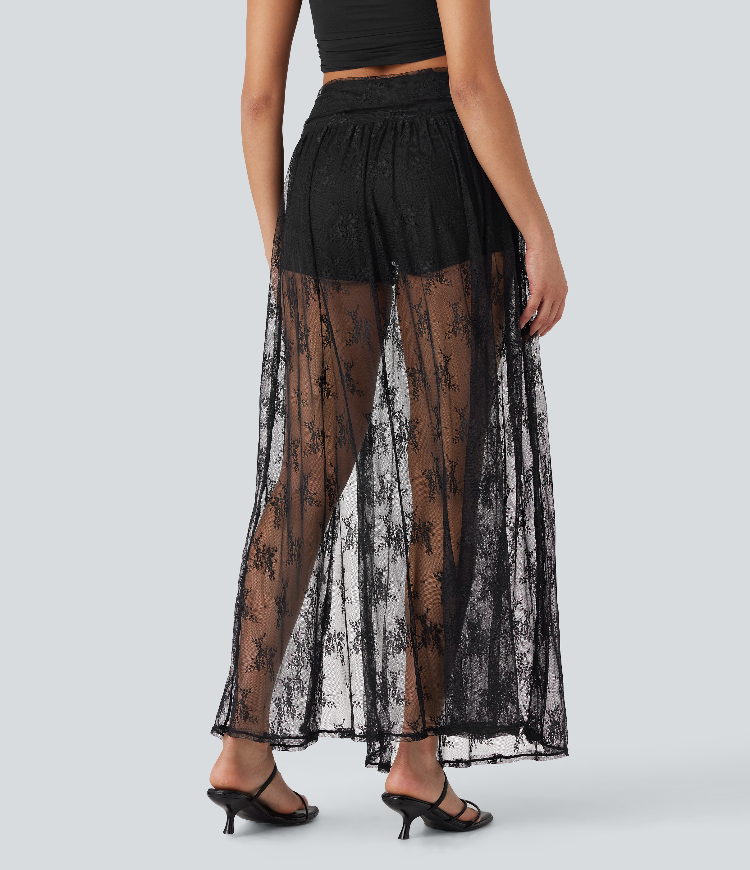 Negro Falda maxi casual 2 en 1 de tiro alto con abertura de encaje y bolsillo lateral / 2