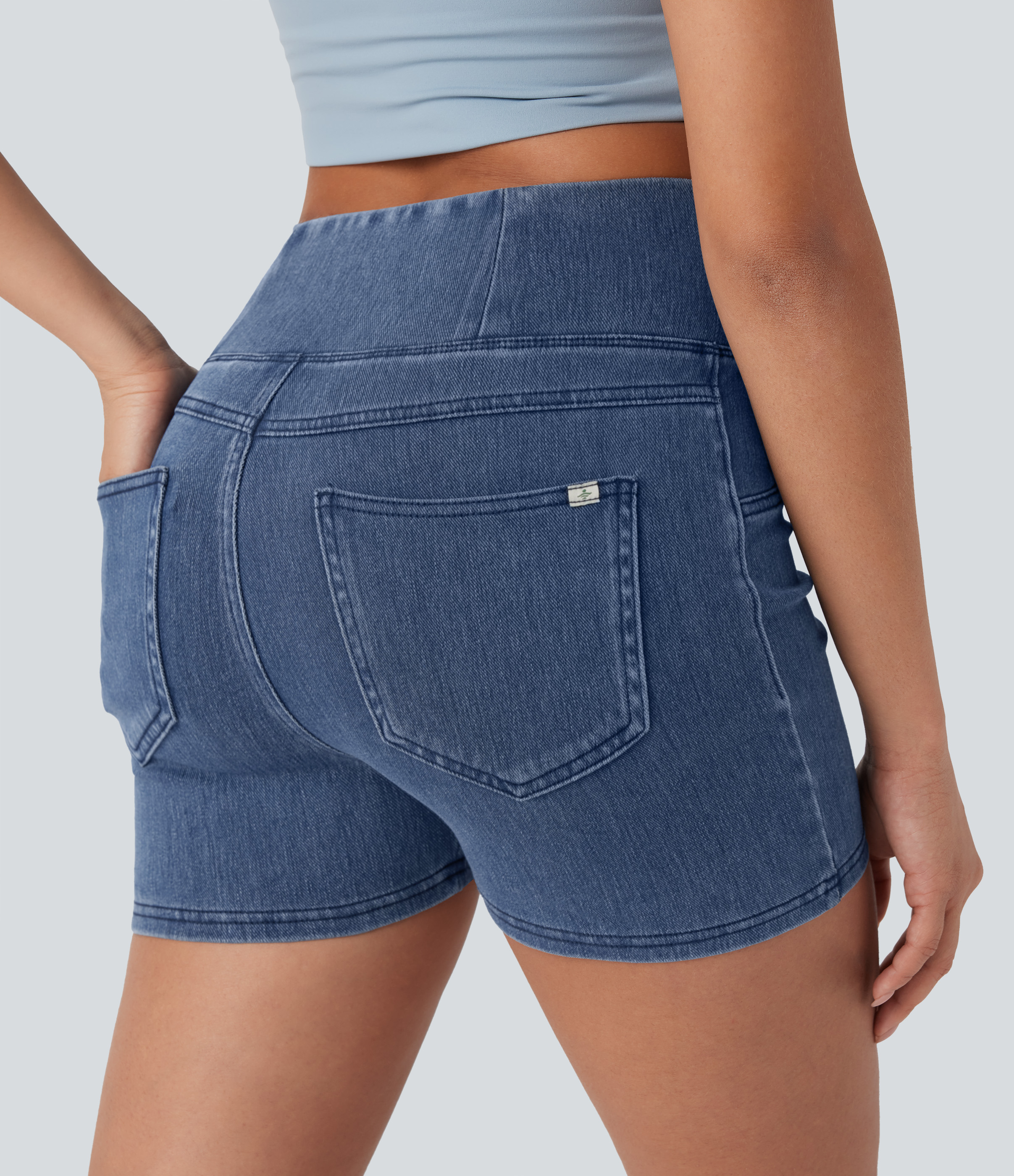 Washed Denim Bleached Blue Halara Flex™ High Waisted Crossover Pocket Denim Casual Shorts 3" / 2