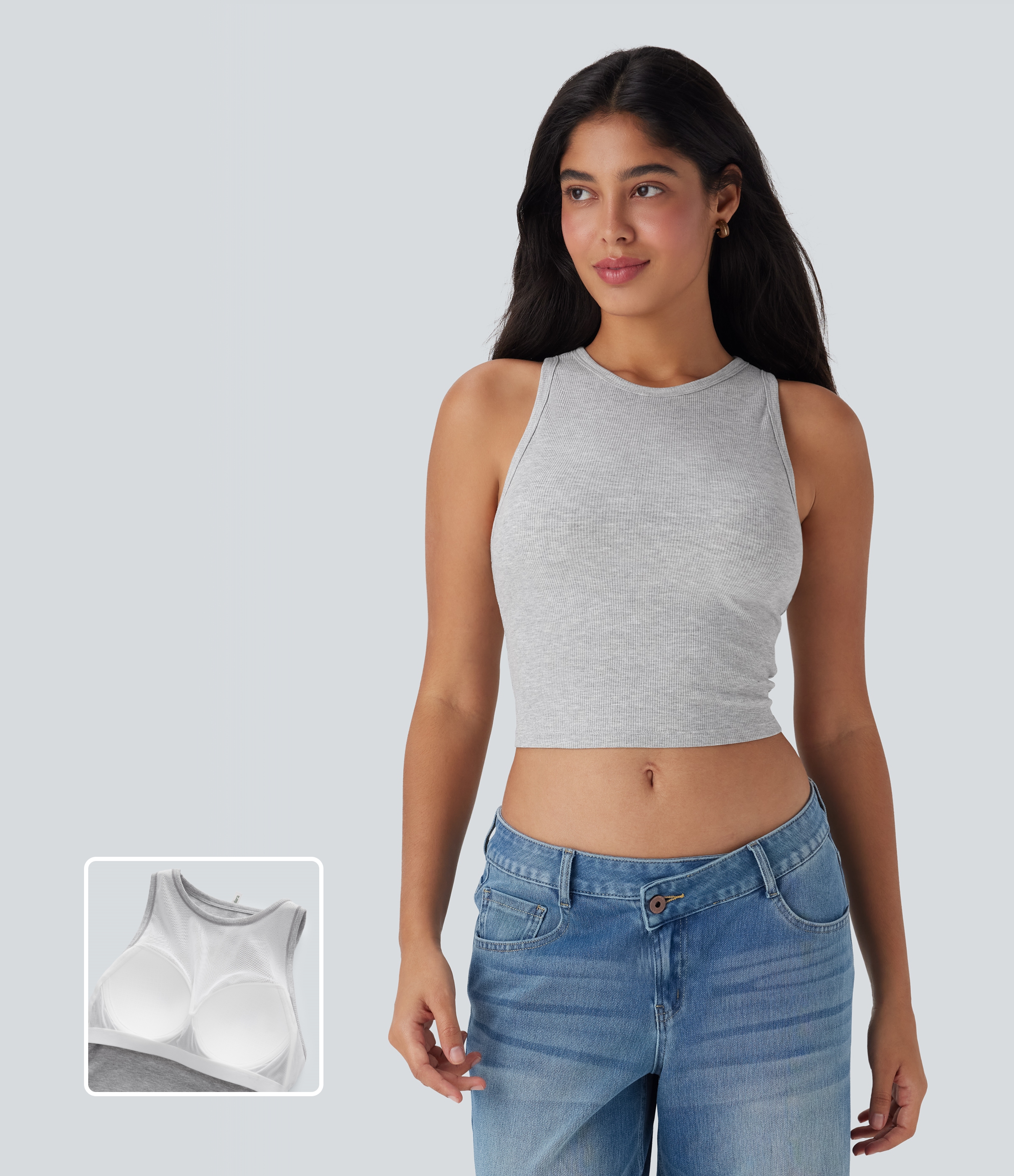 Mottled Grey Top corto casual sin mangas con cuello redondo / 1