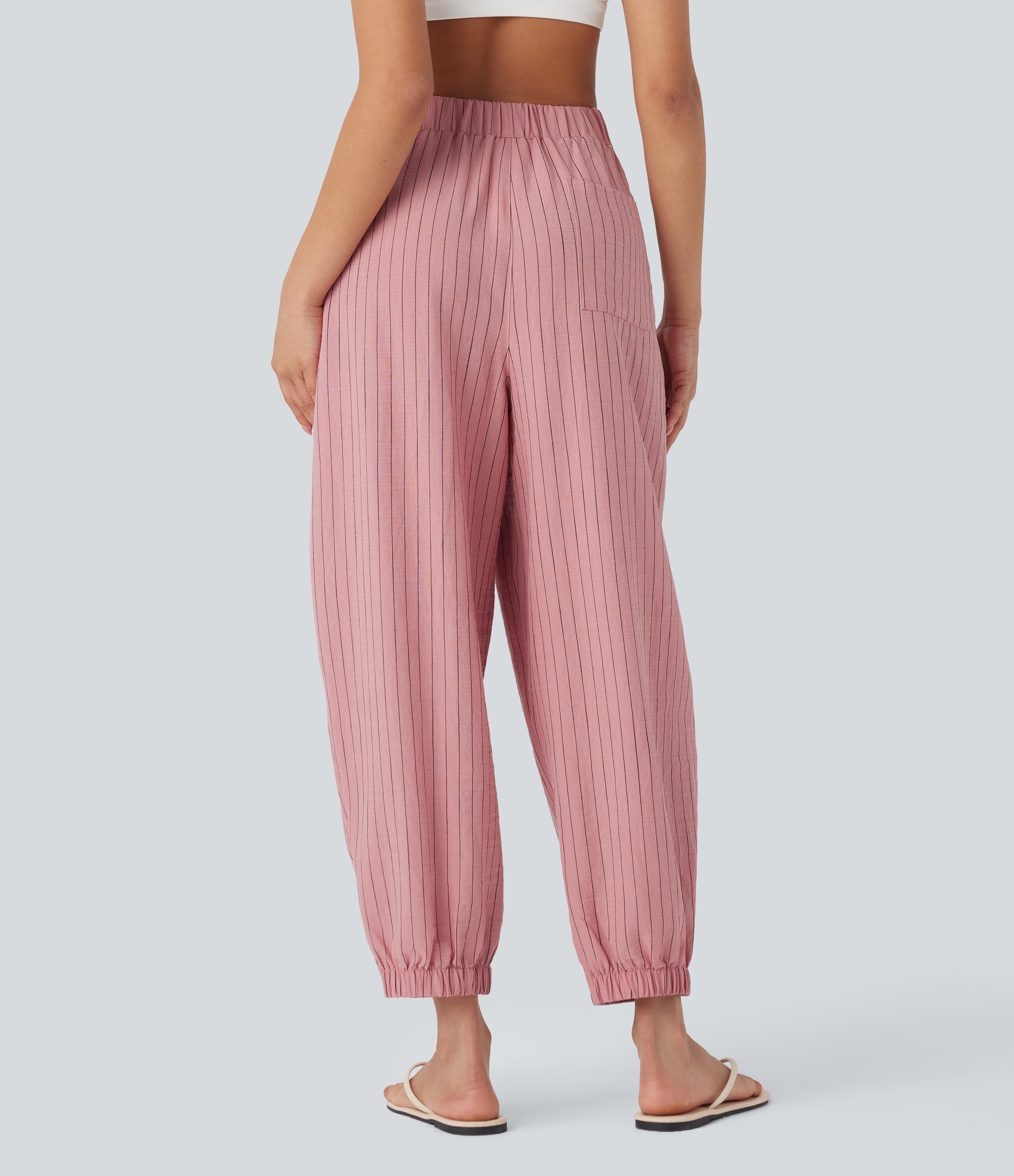 Candy Pink Black Yarn Dye Stripes Pantalons jogger taille mi-haute, rayés, décontractés en effet lin avec poches / 2
