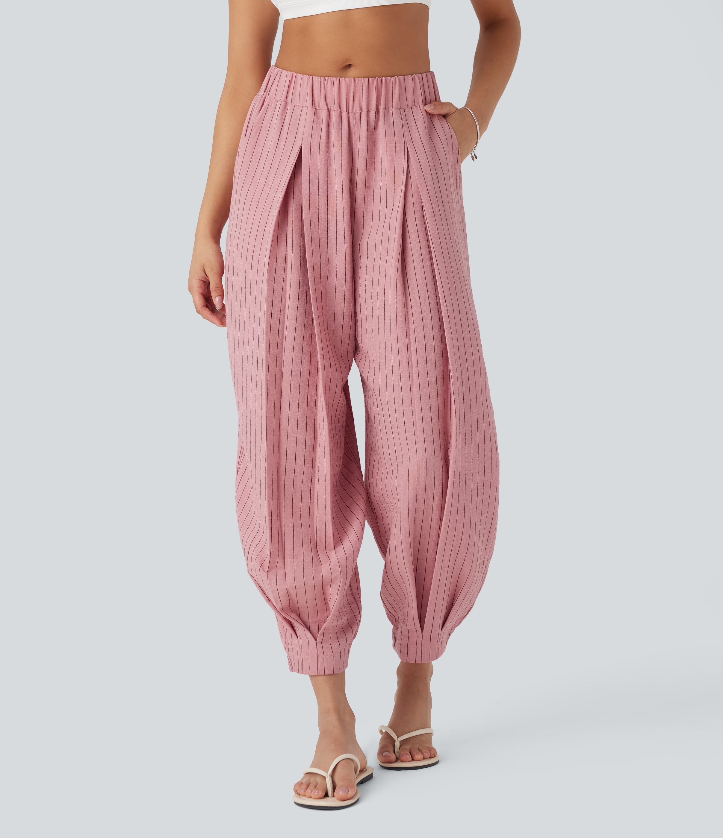 Candy Pink Black Yarn Dye Stripes Pantalons jogger taille mi-haute, rayés, décontractés en effet lin avec poches / 1