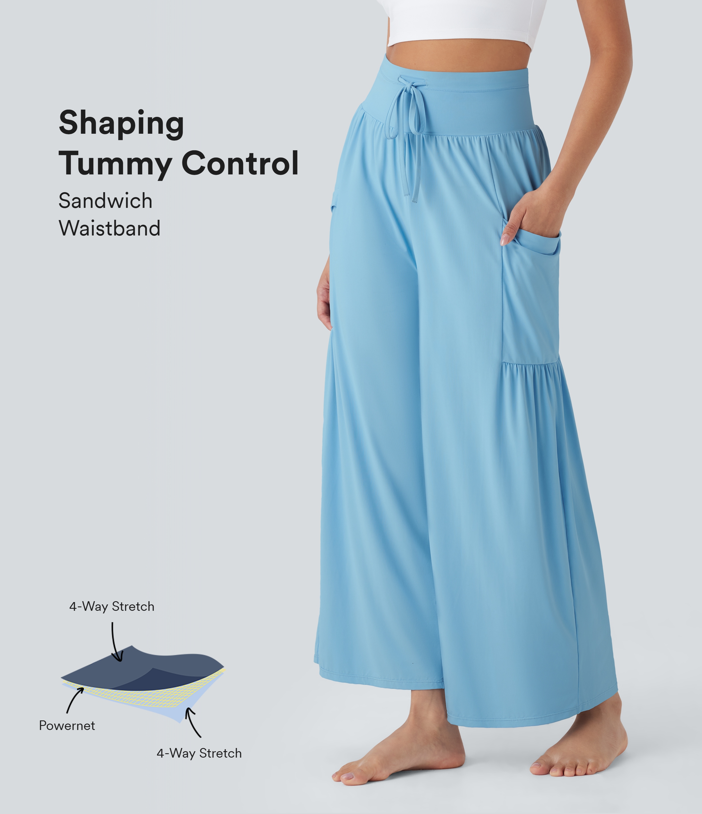 Sky Blue Pantalón yoga SoCinched tiro alto control abdomen cordón pierna ancha tacto fresco bolsillo lateral - UPF50+ / 1
