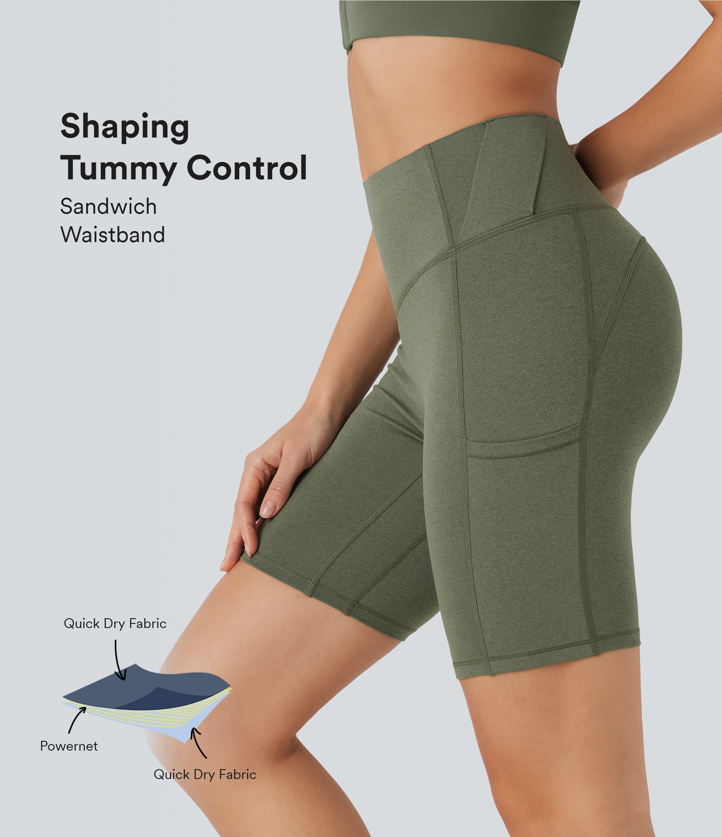 Rifle Green Heather SoCinched High Waist Bauch-Kontrolle Schlaufen Schnell Trocknende Yoga Radlerhose 7'' mit Taschen / 1