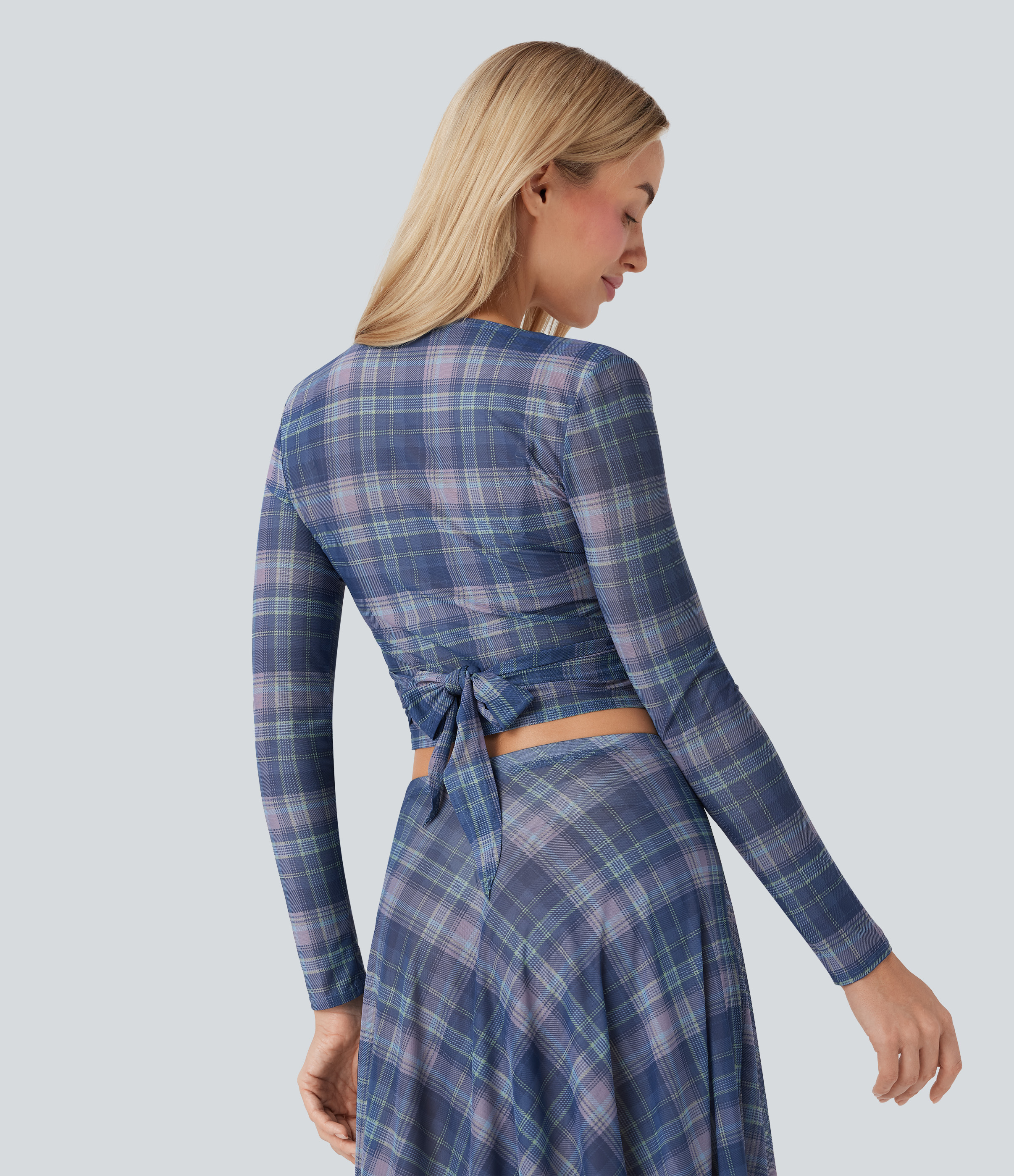 Purple Plaid Top con escote en V de malla transparente y lazo en la espalda / 2