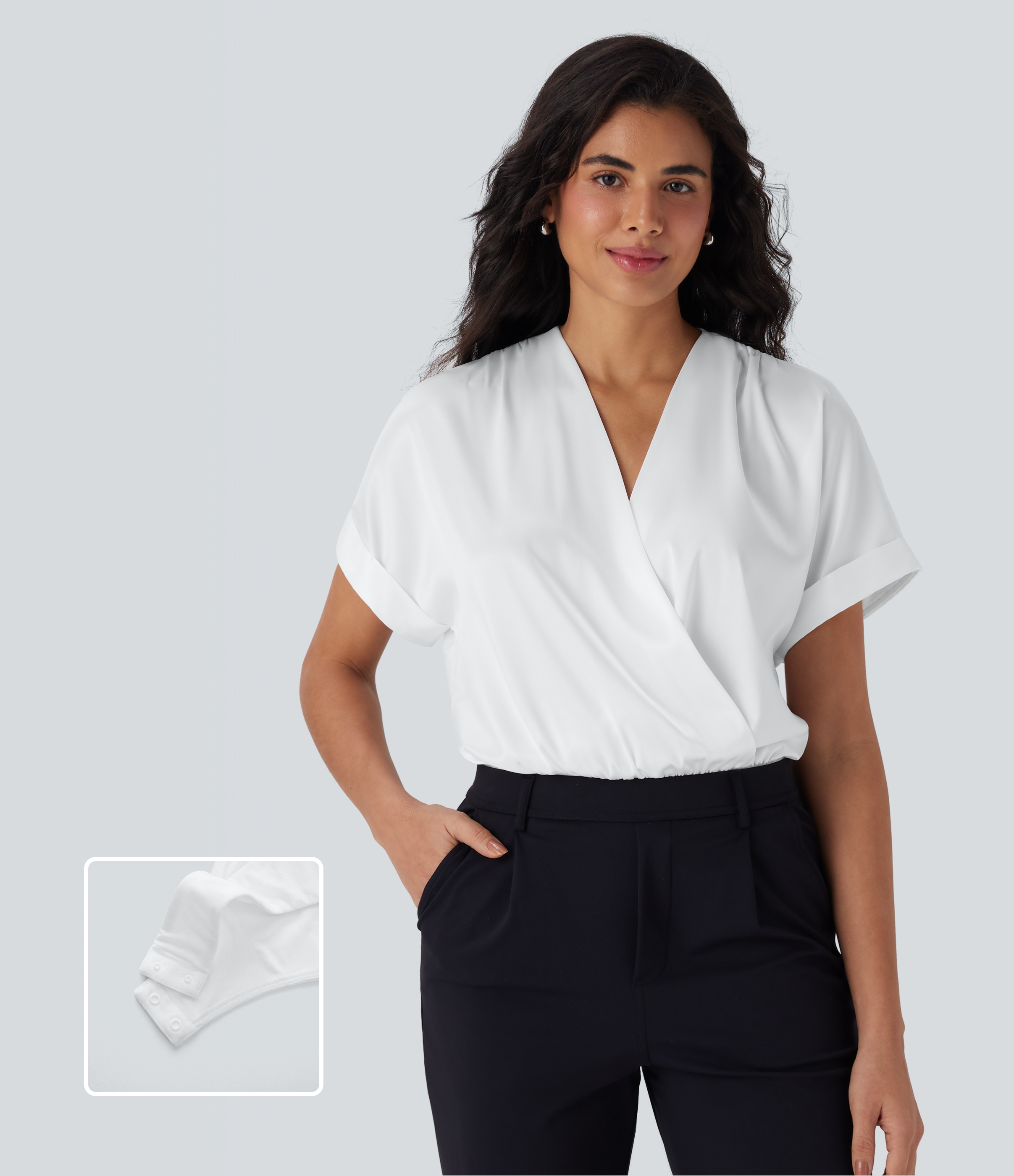 Überkreuzter V-Ausschnitt Fledermausärmel Druckknopf Satin Arbeits-Body